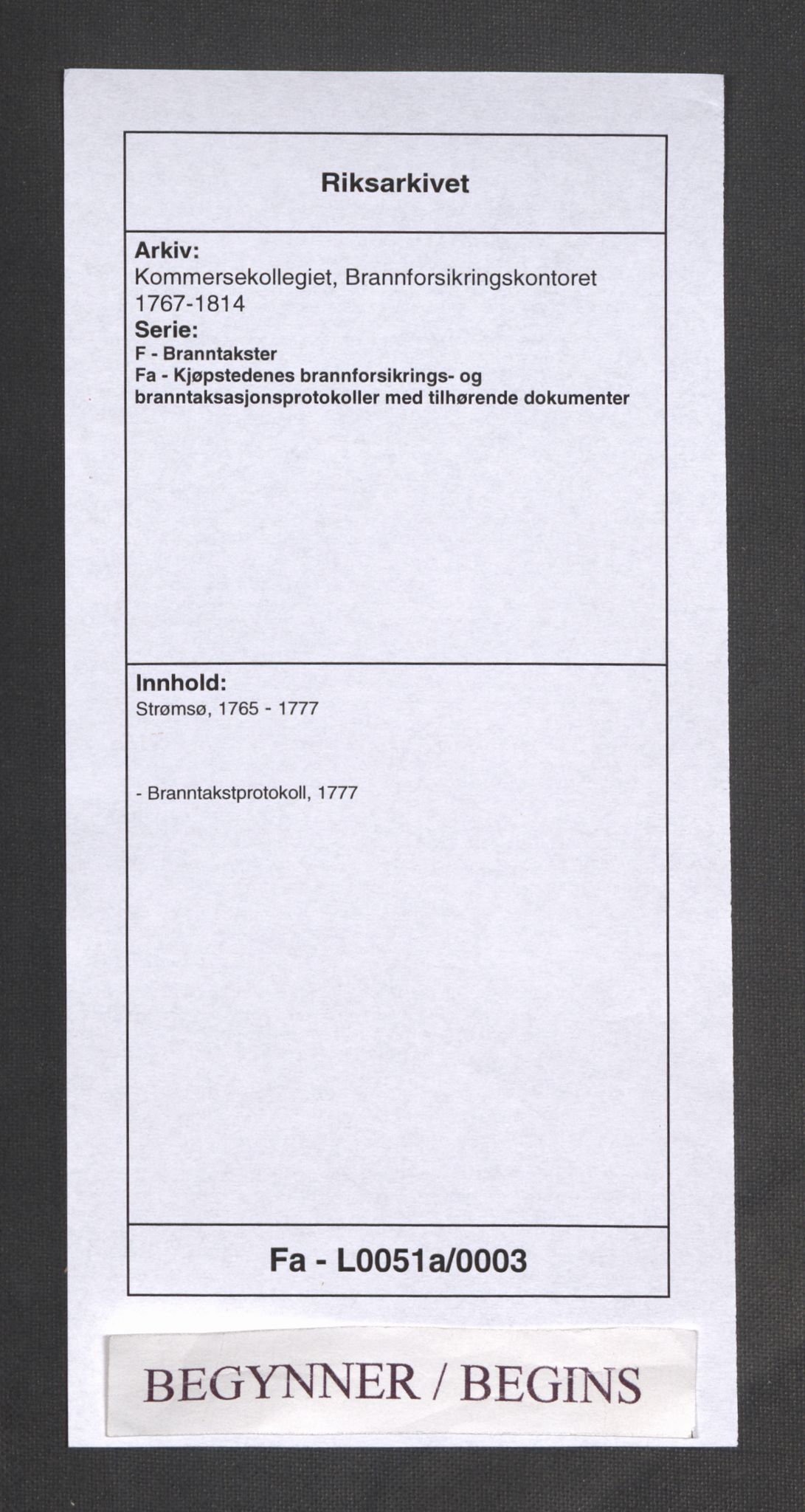 Kommersekollegiet, Brannforsikringskontoret 1767-1814, RA/EA-5458/F/Fa/L0051a/0003: Strømsø / Branntakstprotokoll, 1777