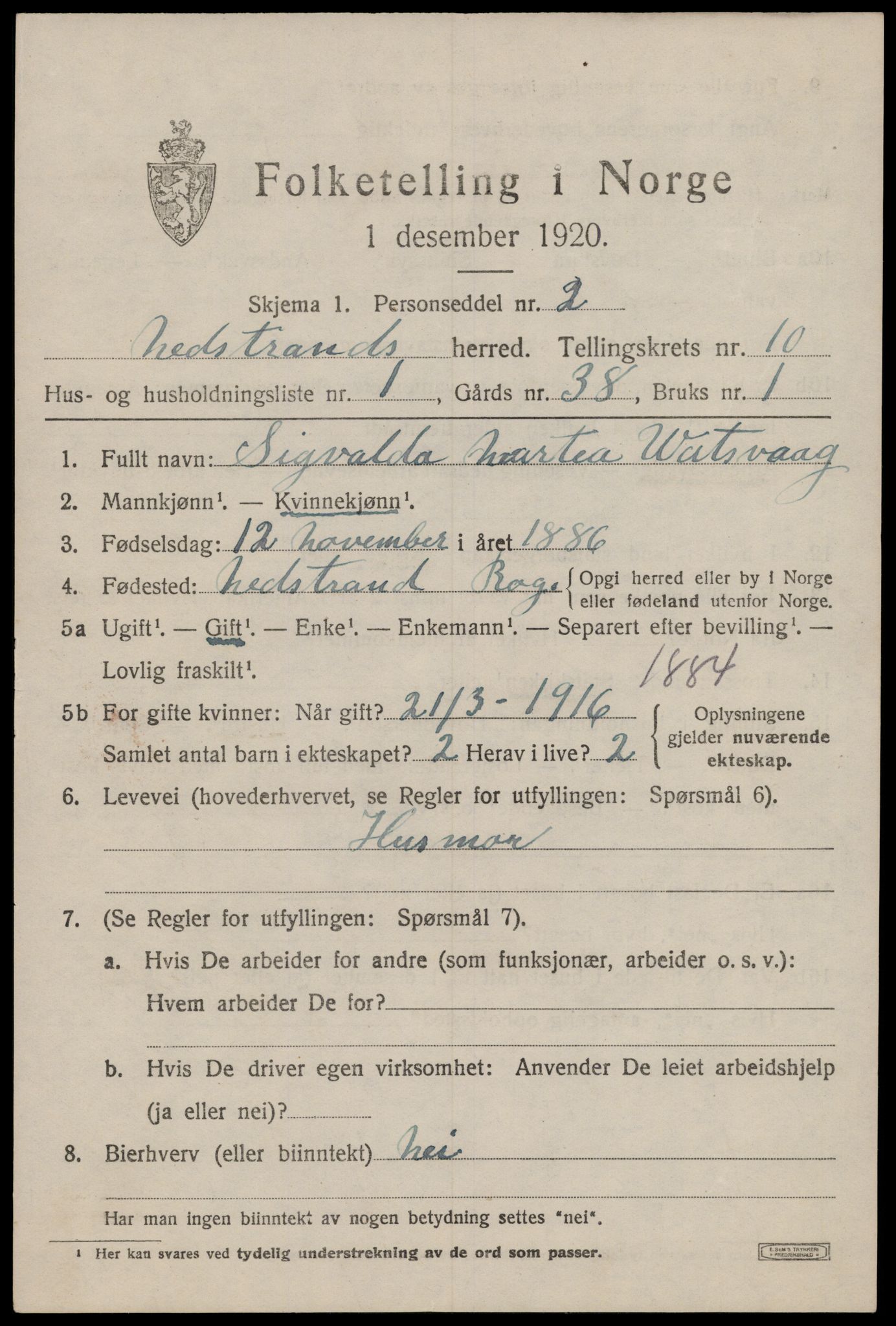 SAST, 1920 census for Nedstrand, 1920, p. 3345