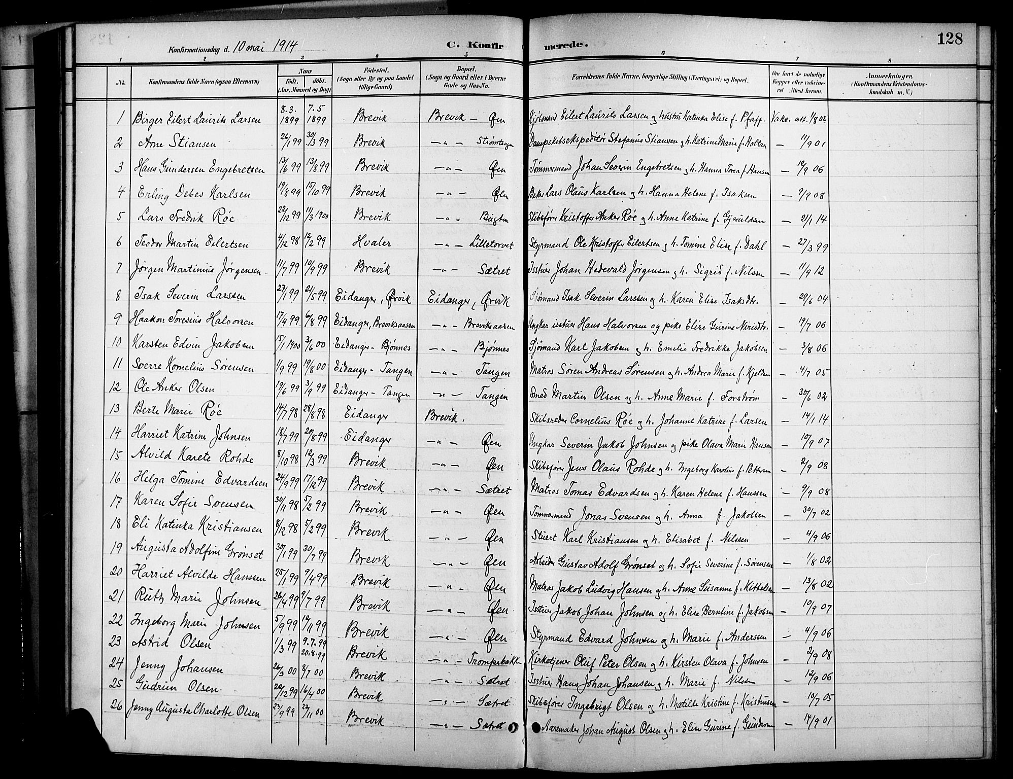 Brevik kirkebøker, SAKO/A-255/G/Ga/L0005: Parish register (copy) no. 5, 1901-1924, p. 128