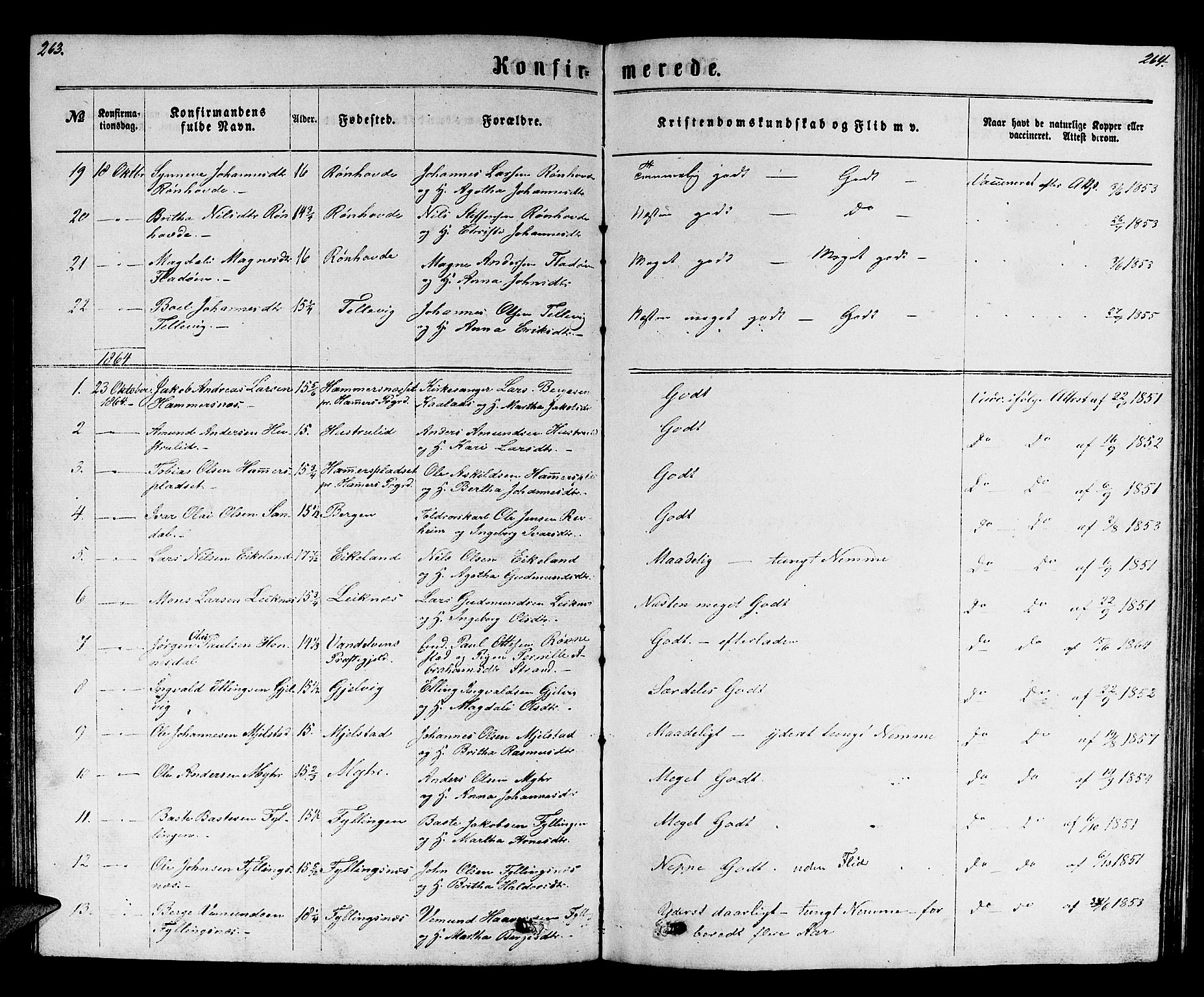 Hamre sokneprestembete, SAB/A-75501/H/Ha/Hab: Parish register (copy) no. B 2, 1863-1880, p. 263-264