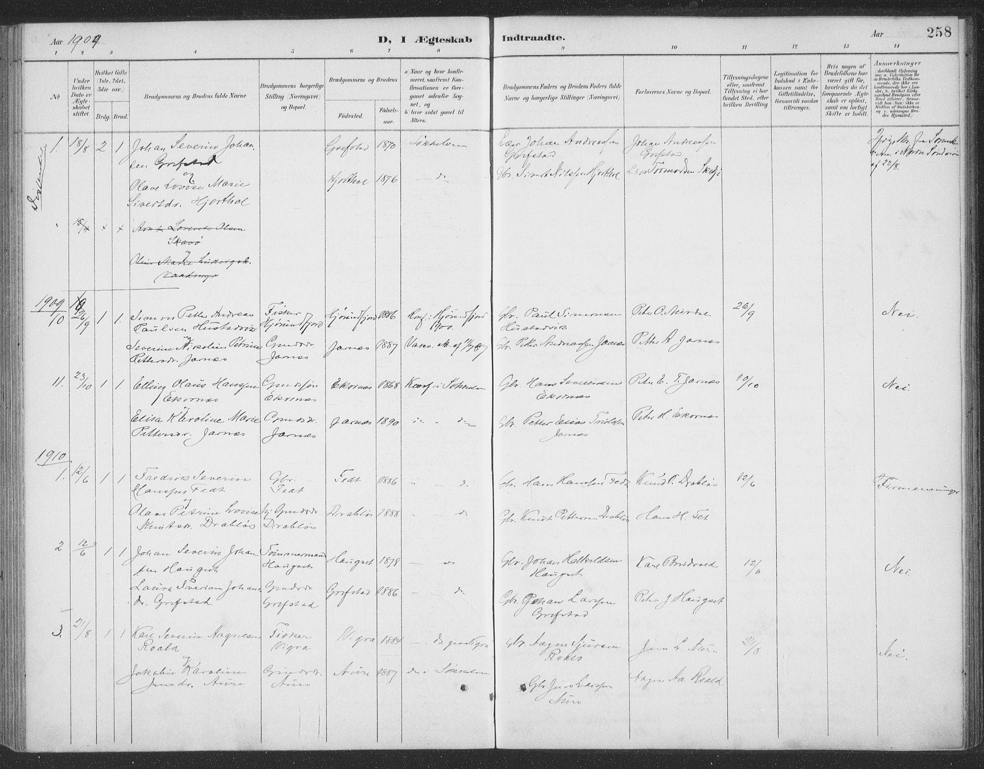 Ministerialprotokoller, klokkerbøker og fødselsregistre - Møre og Romsdal, SAT/A-1454/523/L0335: Parish register (official) no. 523A02, 1891-1911, p. 258
