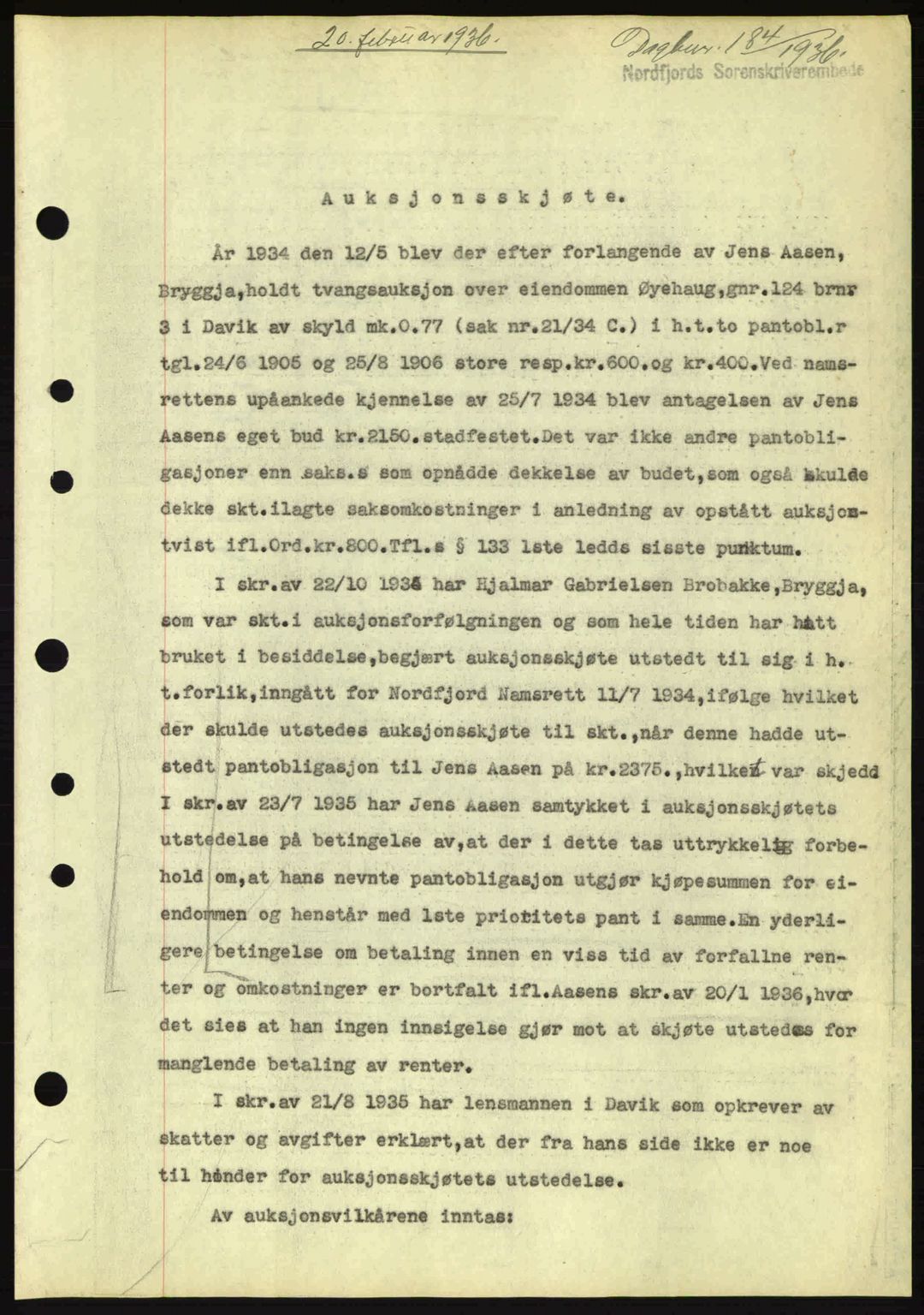 Nordfjord sorenskriveri, AV/SAB-A-2801/02/02b/02bj/L0001: Mortgage book no. A1, 1936-1937, Diary no: : 184/1936