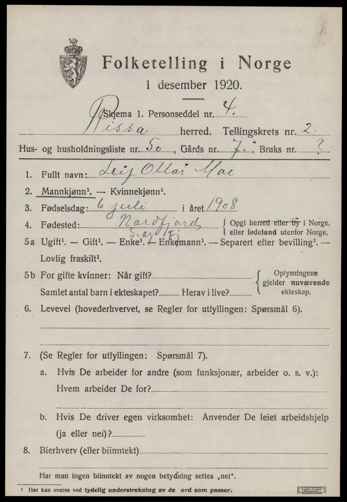 SAT, 1920 census for Rissa, 1920, p. 2285
