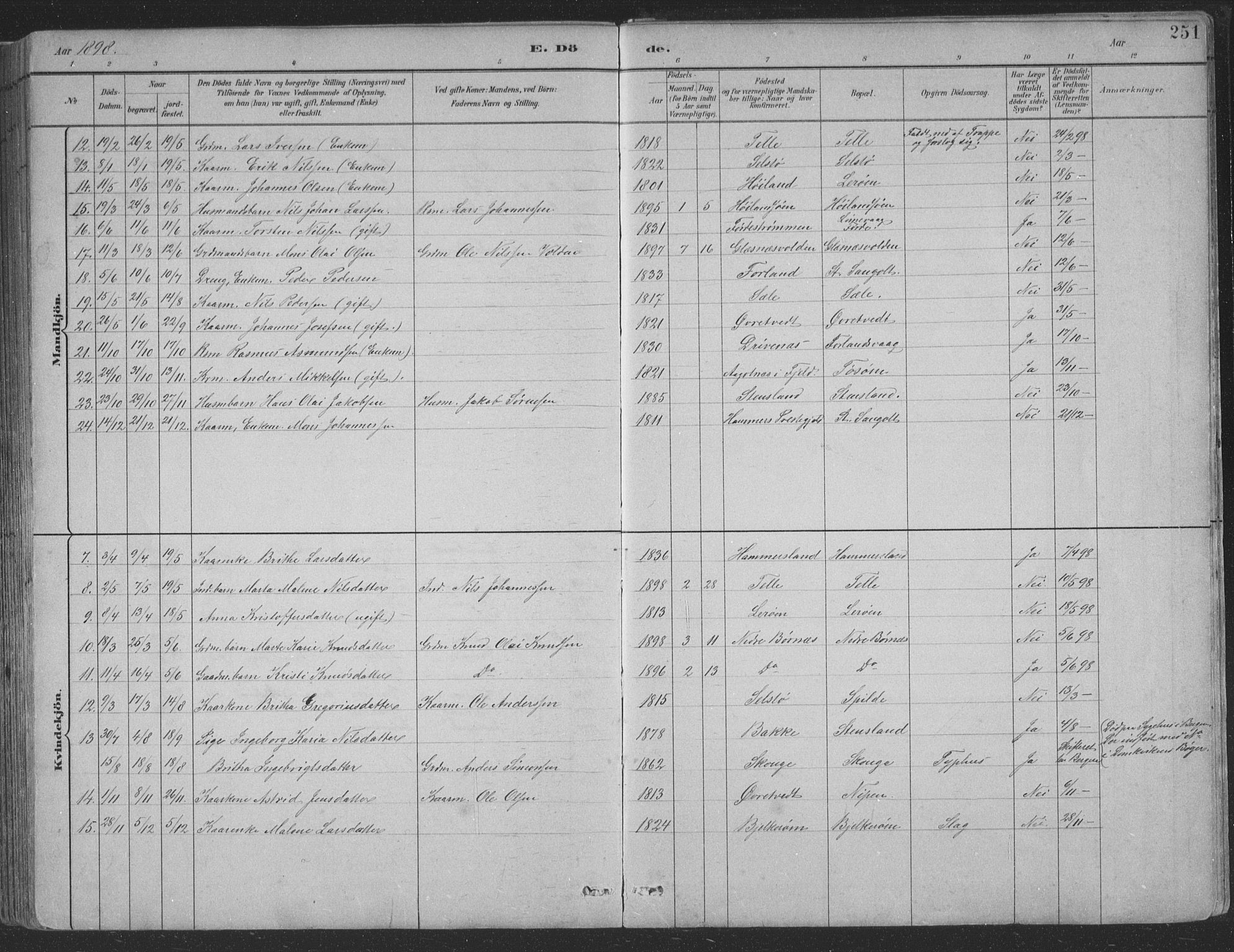Sund sokneprestembete, SAB/A-99930: Parish register (copy) no. B 3, 1882-1911, p. 251