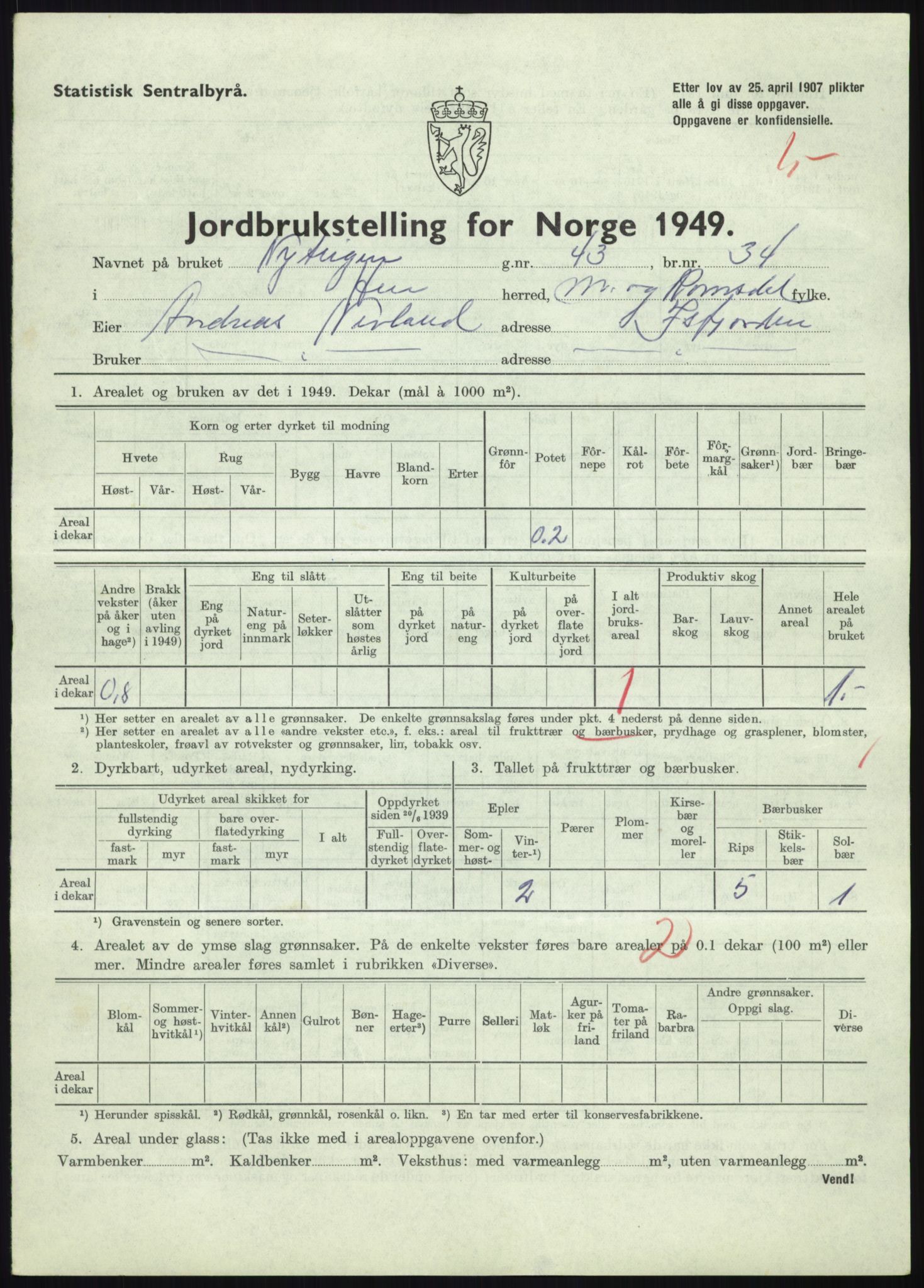 Statistisk sentralbyrå, Næringsøkonomiske emner, Jordbruk, skogbruk, jakt, fiske og fangst, AV/RA-S-2234/G/Gc/L0323: Møre og Romsdal: Grytten og Hen, 1949, p. 395