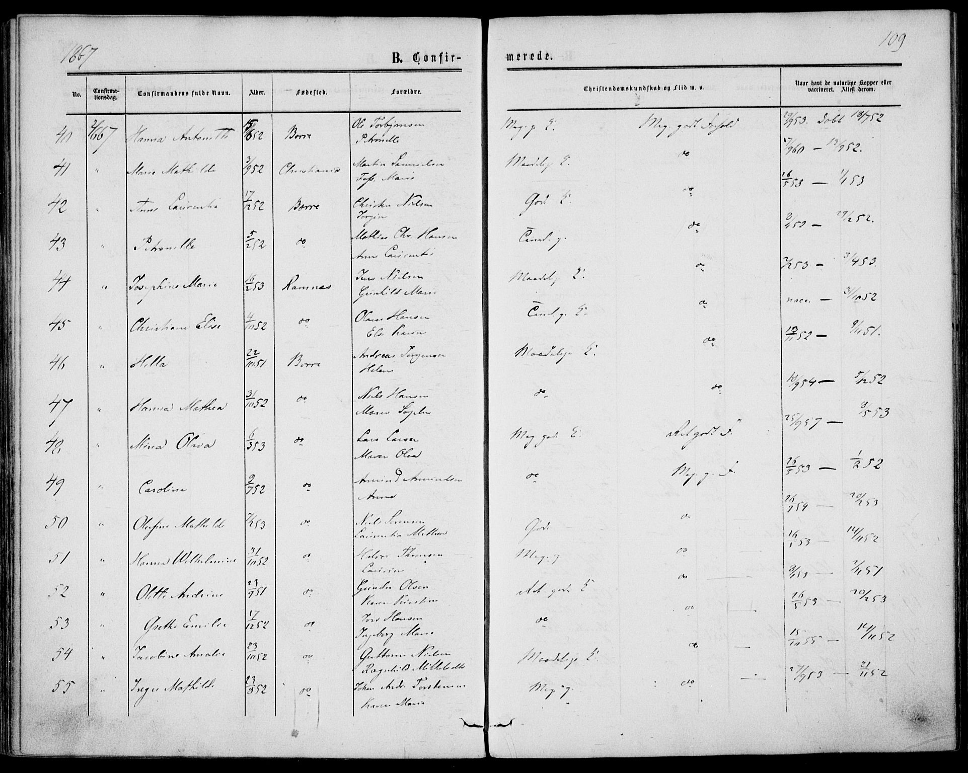 Borre kirkebøker, AV/SAKO-A-338/F/Fa/L0007: Parish register (official) no. I 7, 1862-1867, p. 109