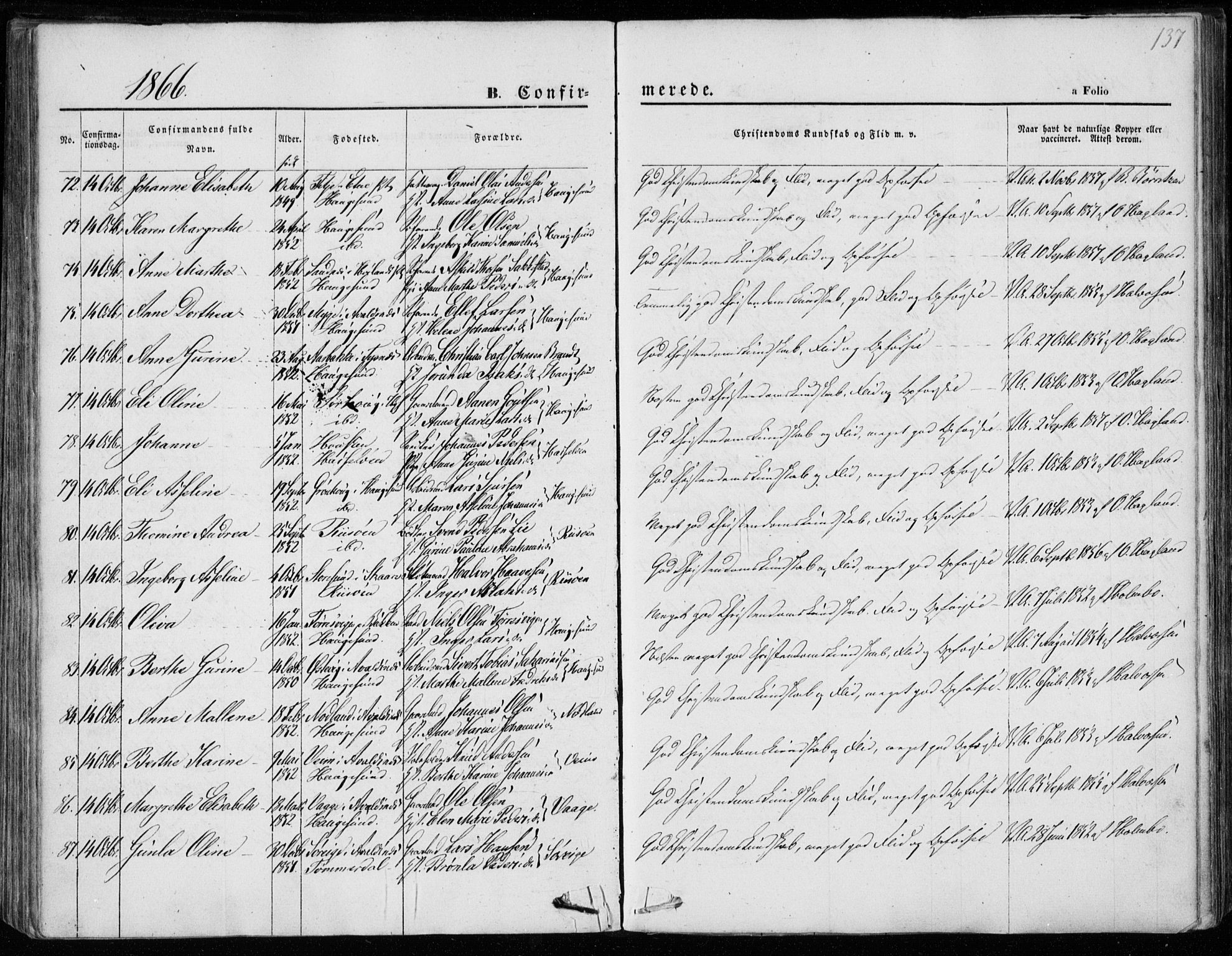 Torvastad sokneprestkontor, AV/SAST-A -101857/H/Ha/Haa/L0011: Parish register (official) no. A 11, 1857-1866, p. 137