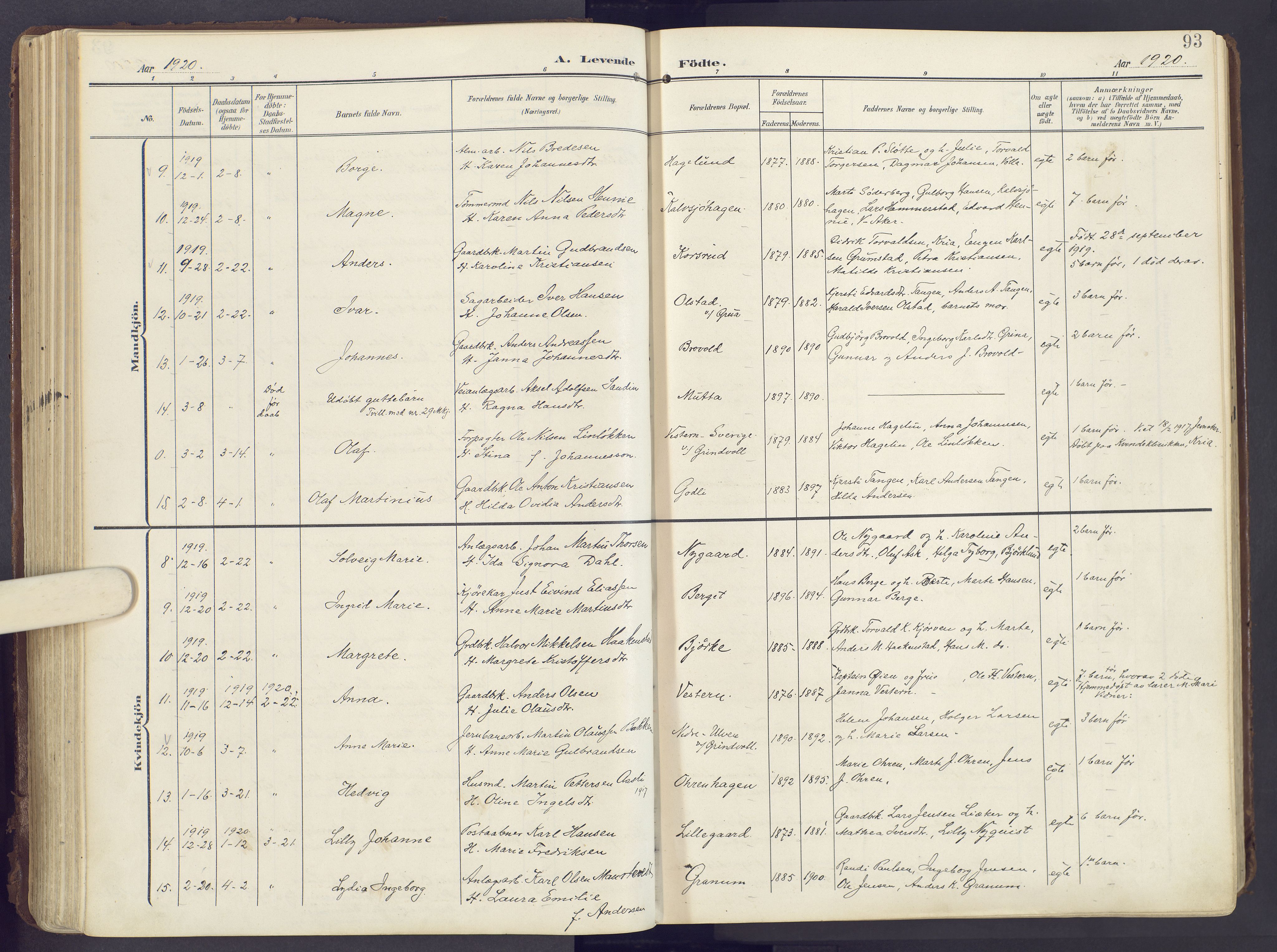 Lunner prestekontor, SAH/PREST-118/H/Ha/Haa/L0001: Parish register (official) no. 1, 1907-1922, p. 93