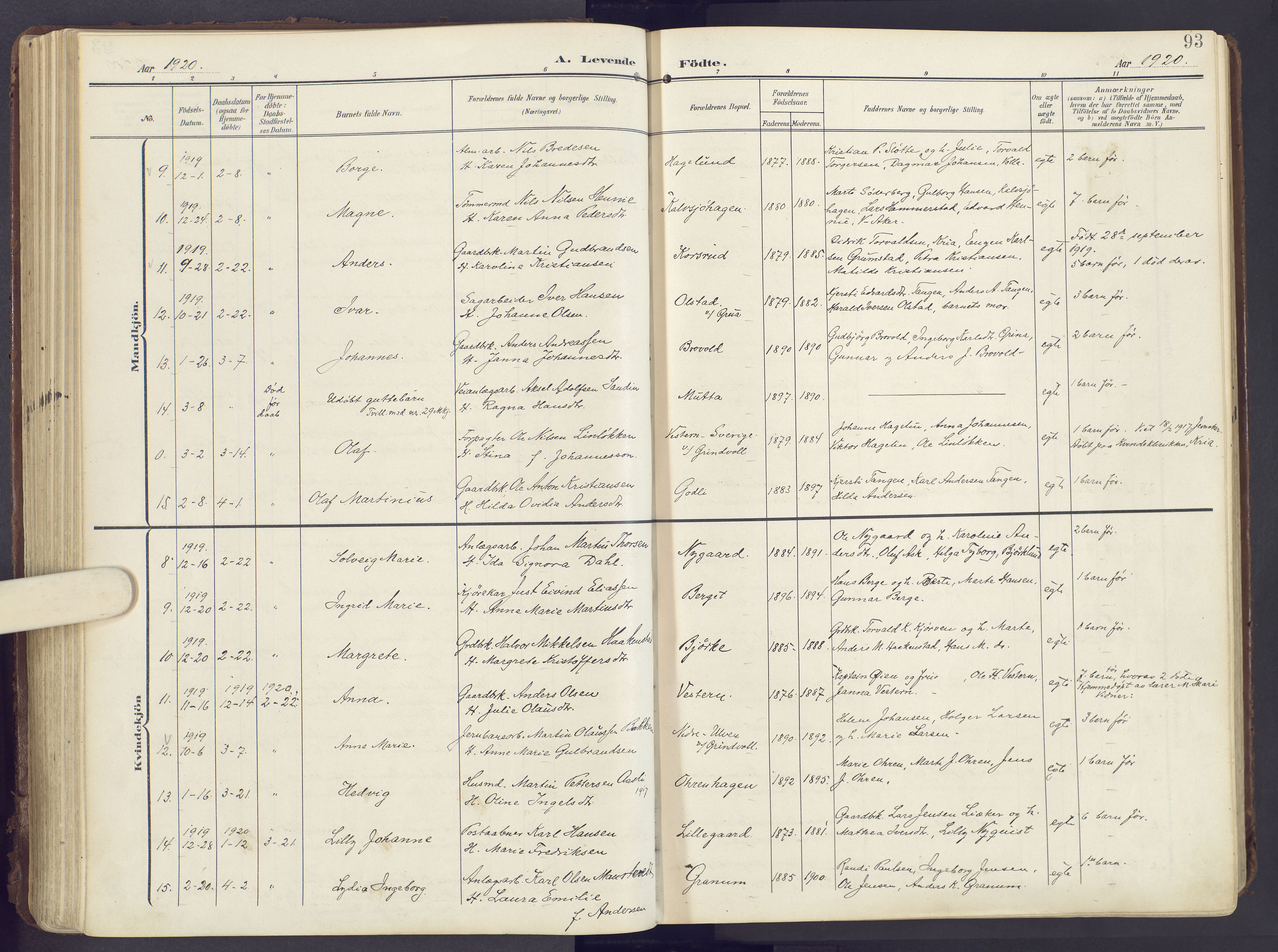 Lunner prestekontor, AV/SAH-PREST-118/H/Ha/Haa/L0001: Parish register (official) no. 1, 1907-1922, p. 93