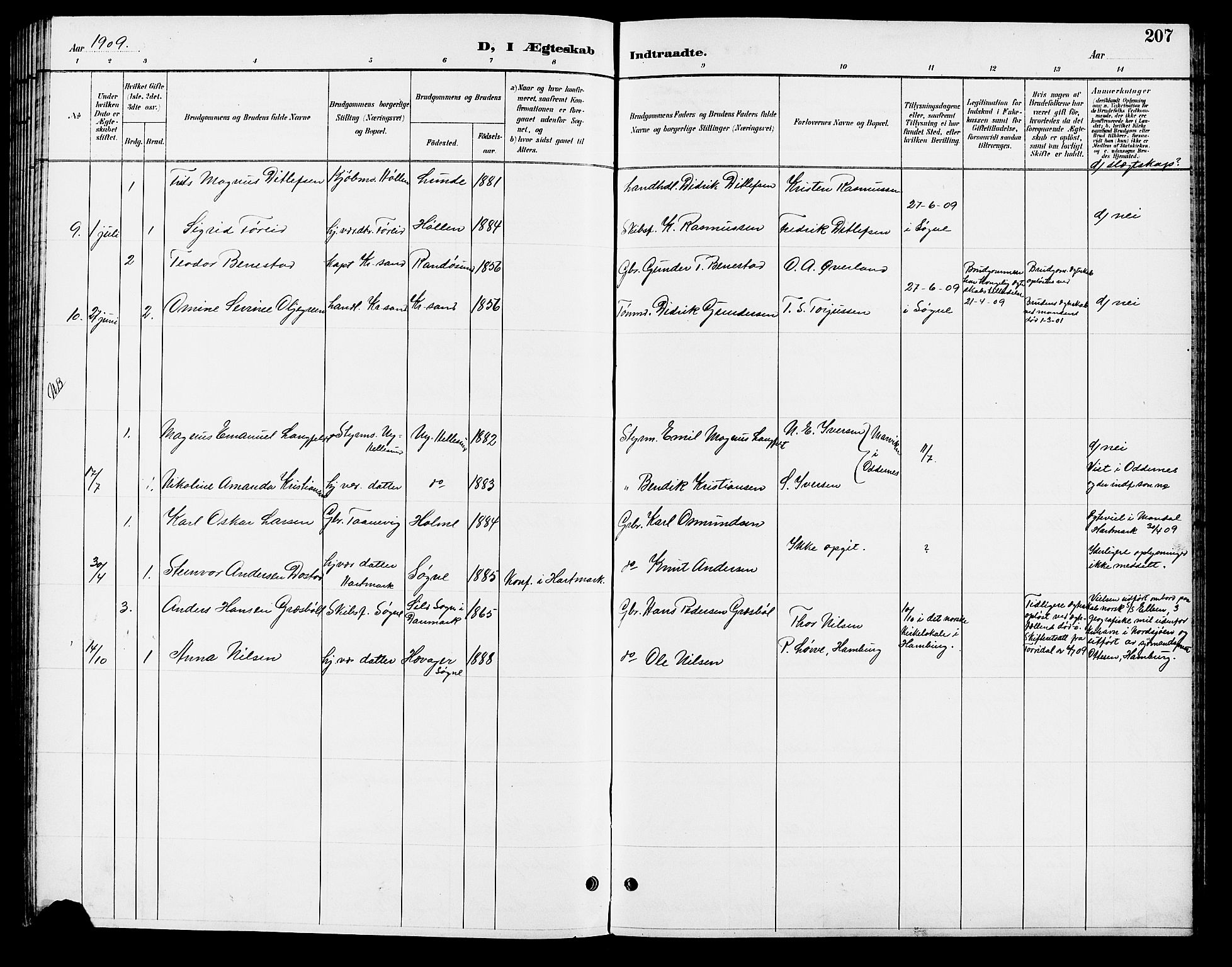 Søgne sokneprestkontor, AV/SAK-1111-0037/F/Fb/Fbb/L0006: Parish register (copy) no. B 6, 1892-1911, p. 207