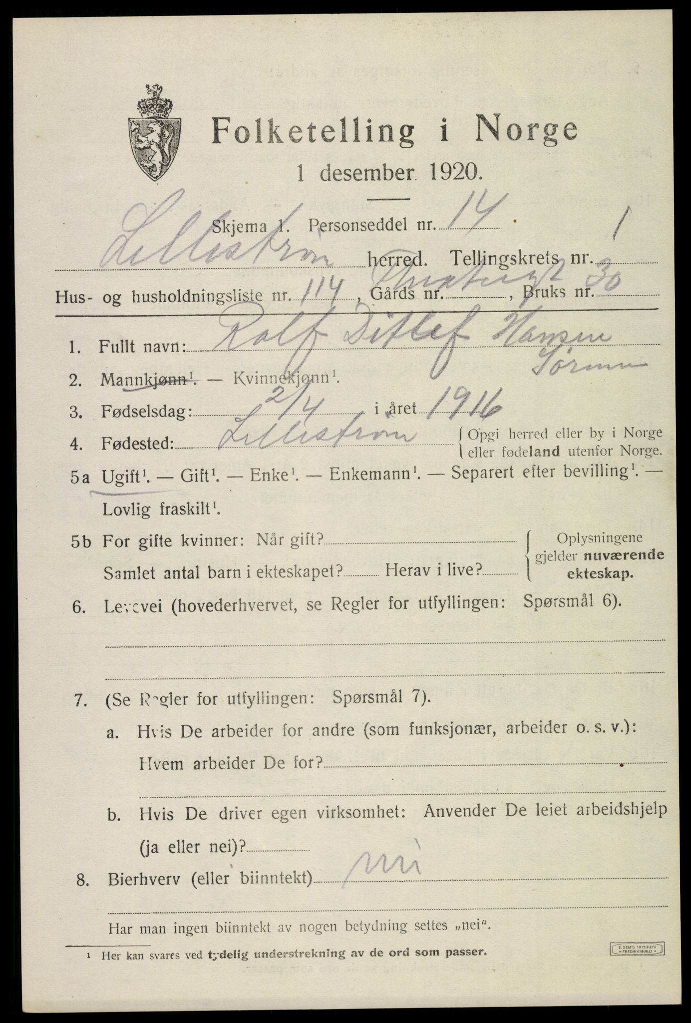 SAO, 1920 census for Lillestrøm, 1920, p. 3318