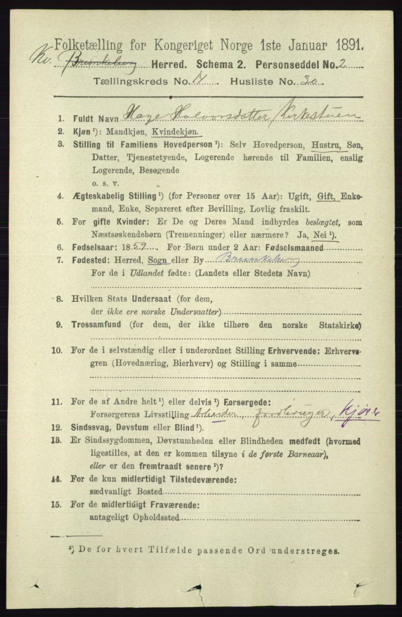 RA, 1891 census for 0829 Kviteseid, 1891, p. 3497