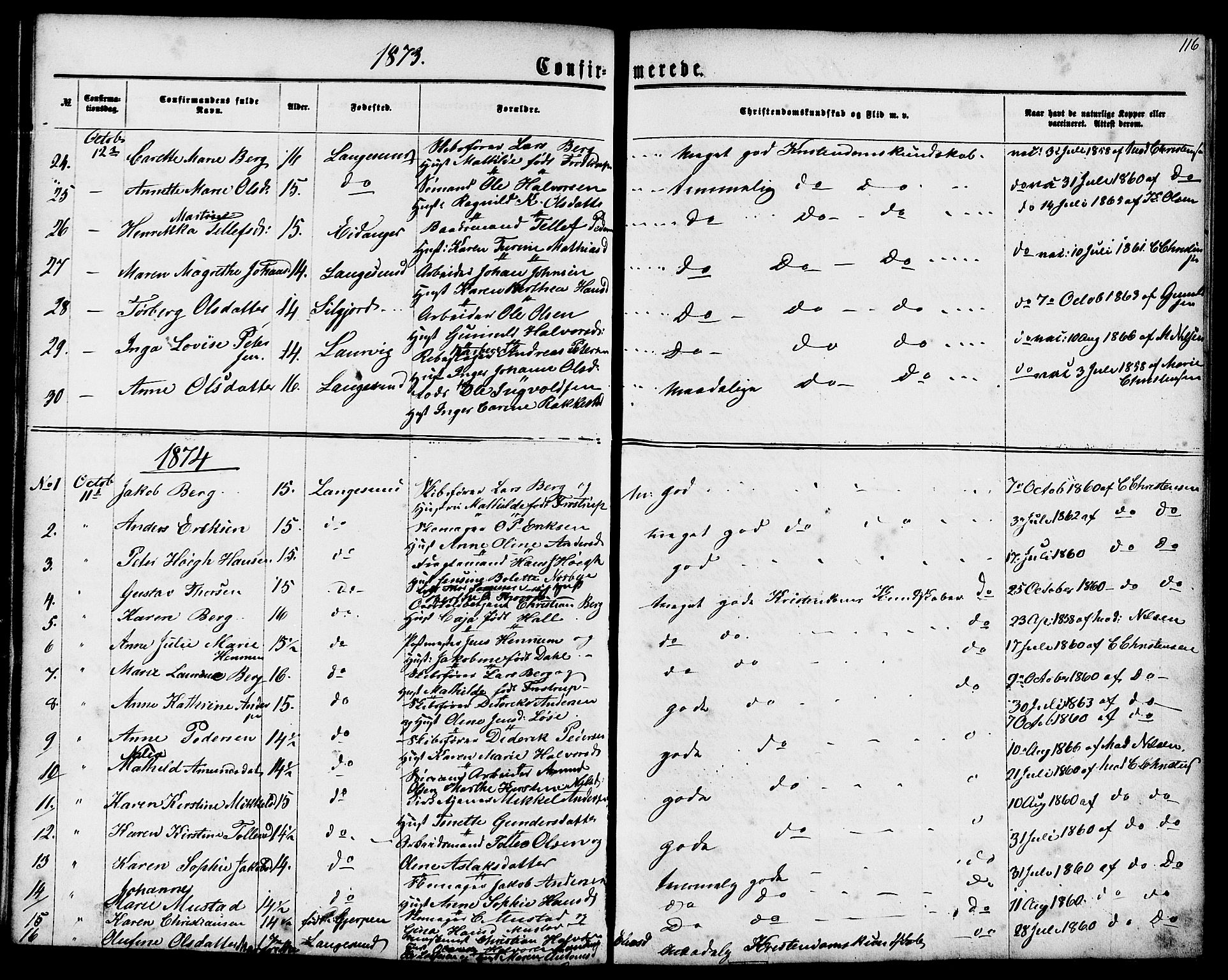 Langesund kirkebøker, SAKO/A-280/G/Ga/L0004: Parish register (copy) no. 4, 1859-1884, p. 116