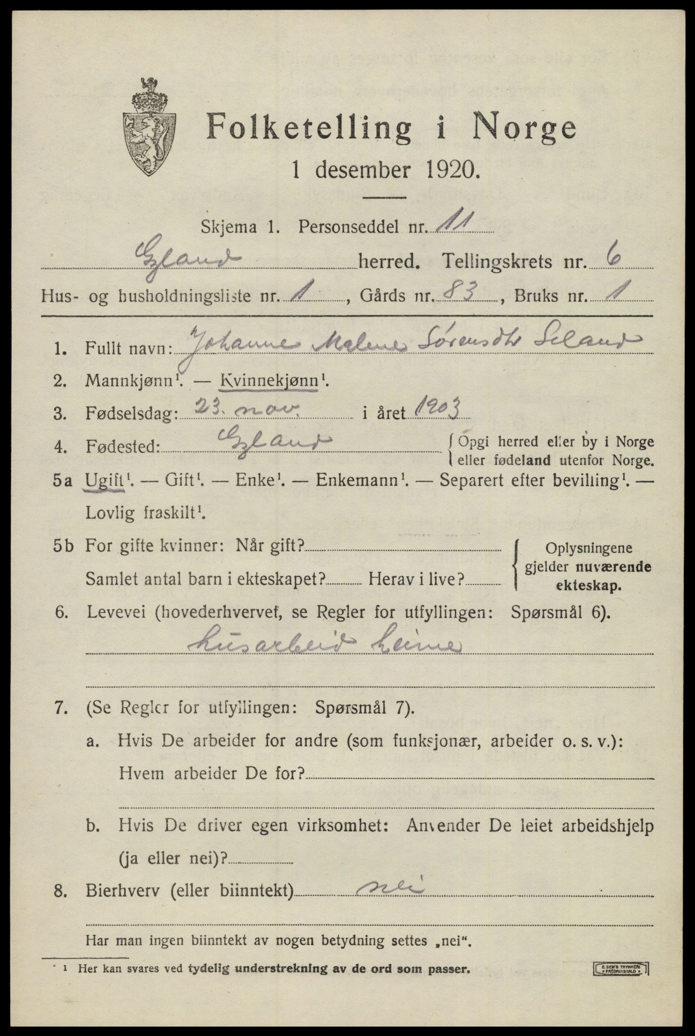 SAK, 1920 census for Gyland, 1920, p. 1340