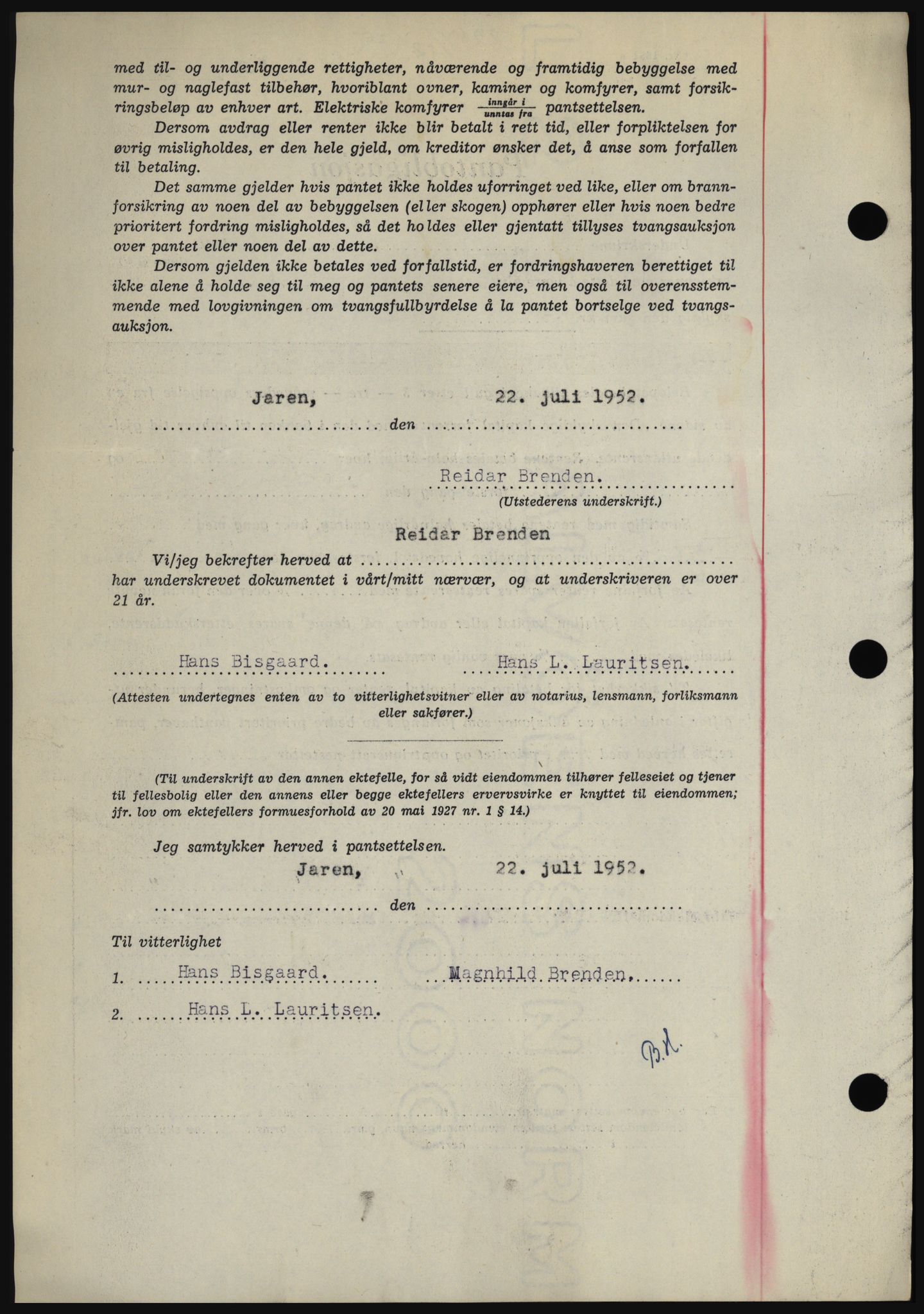 Hadeland og Land tingrett, SAH/TING-010/H/Hb/Hbc/L0024: Mortgage book no. B24, 1952-1952, Diary no: : 2244/1952