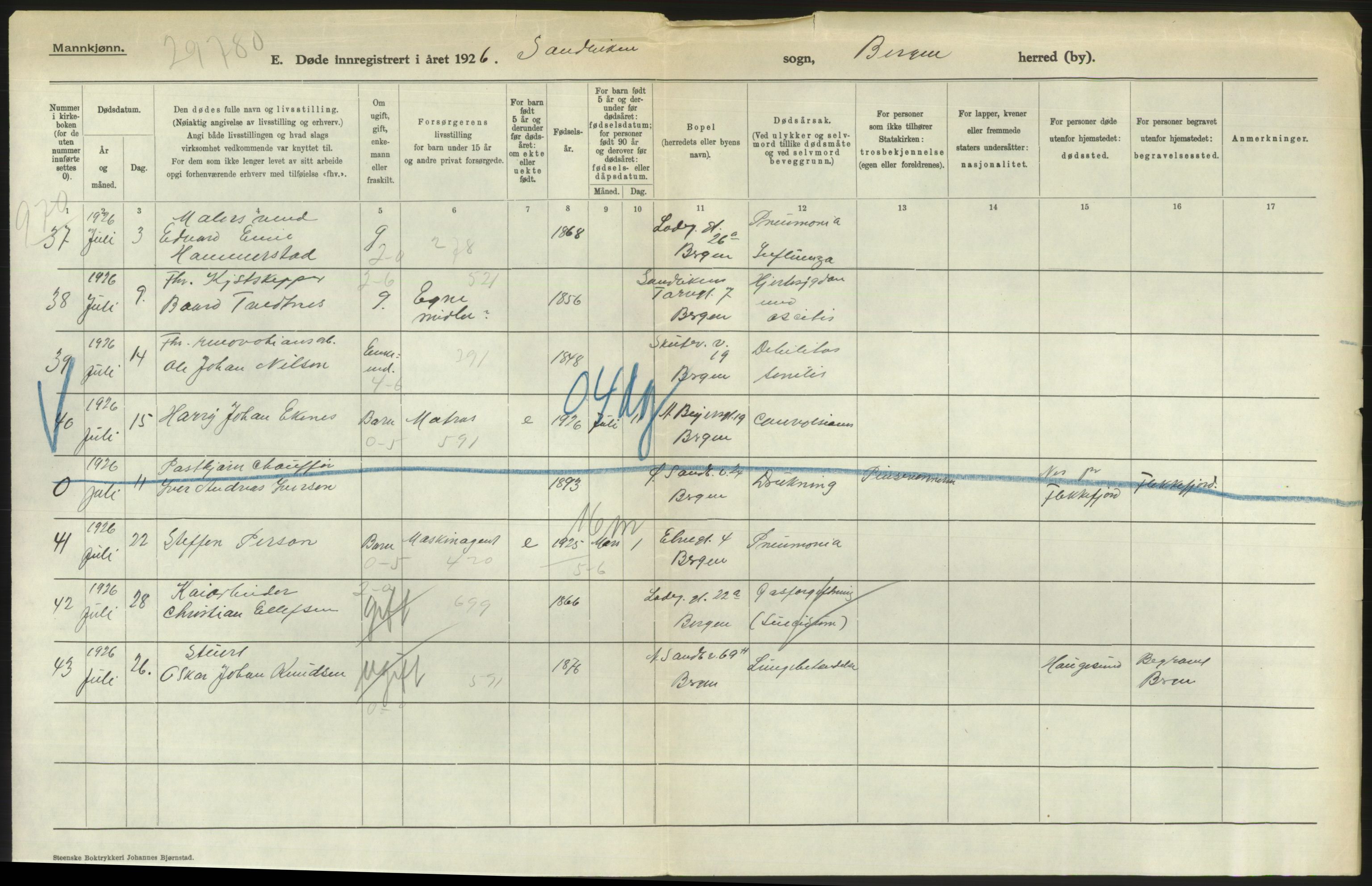 Statistisk sentralbyrå, Sosiodemografiske emner, Befolkning, RA/S-2228/D/Df/Dfc/Dfcf/L0028: Bergen: Gifte, døde, dødfødte., 1926, p. 714