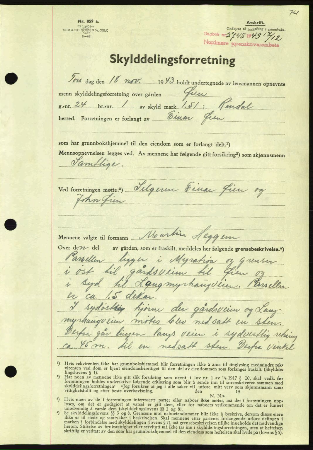 Nordmøre sorenskriveri, AV/SAT-A-4132/1/2/2Ca: Mortgage book no. A96, 1943-1944, Diary no: : 2748/1943