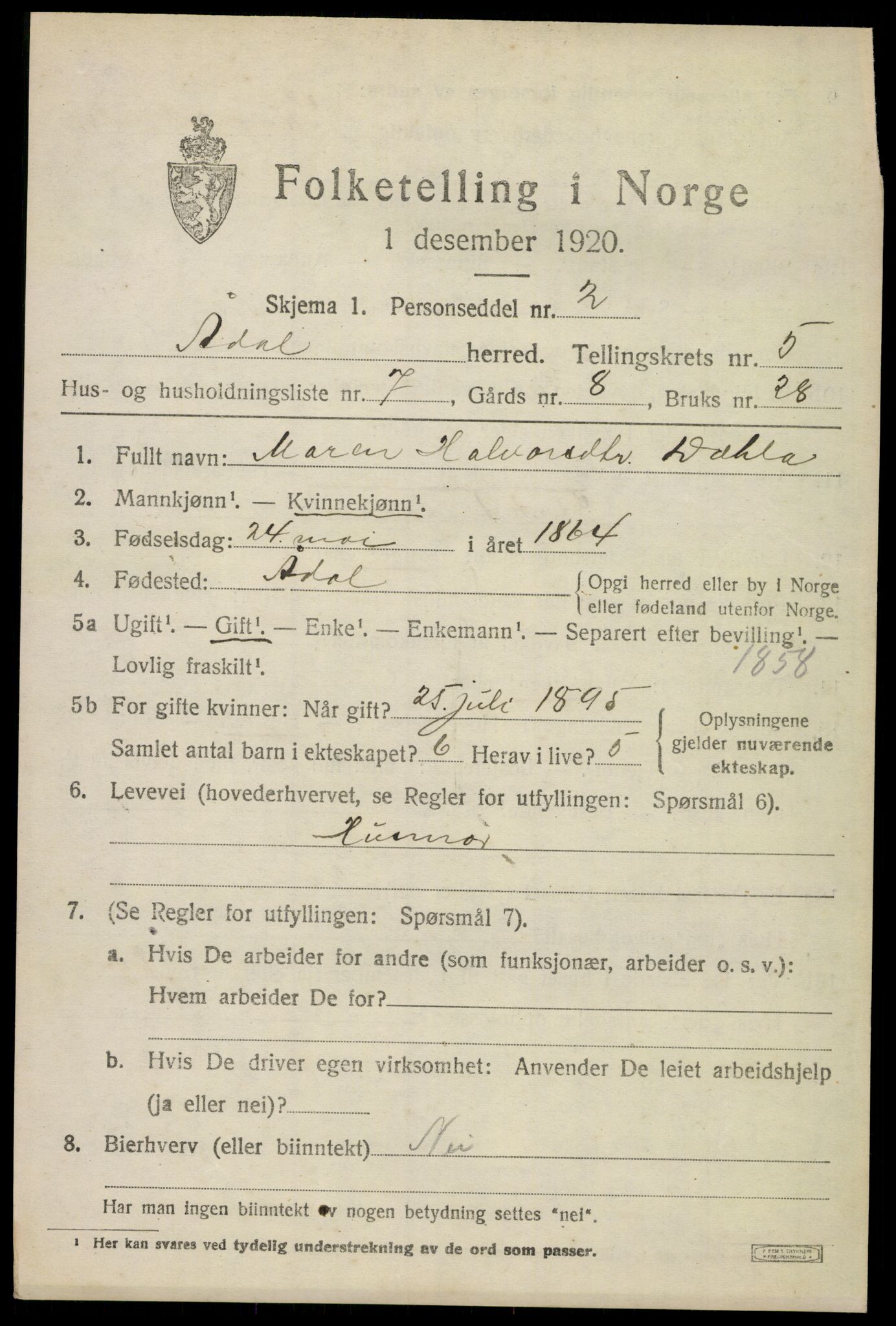 SAKO, 1920 census for Ådal, 1920, p. 4188