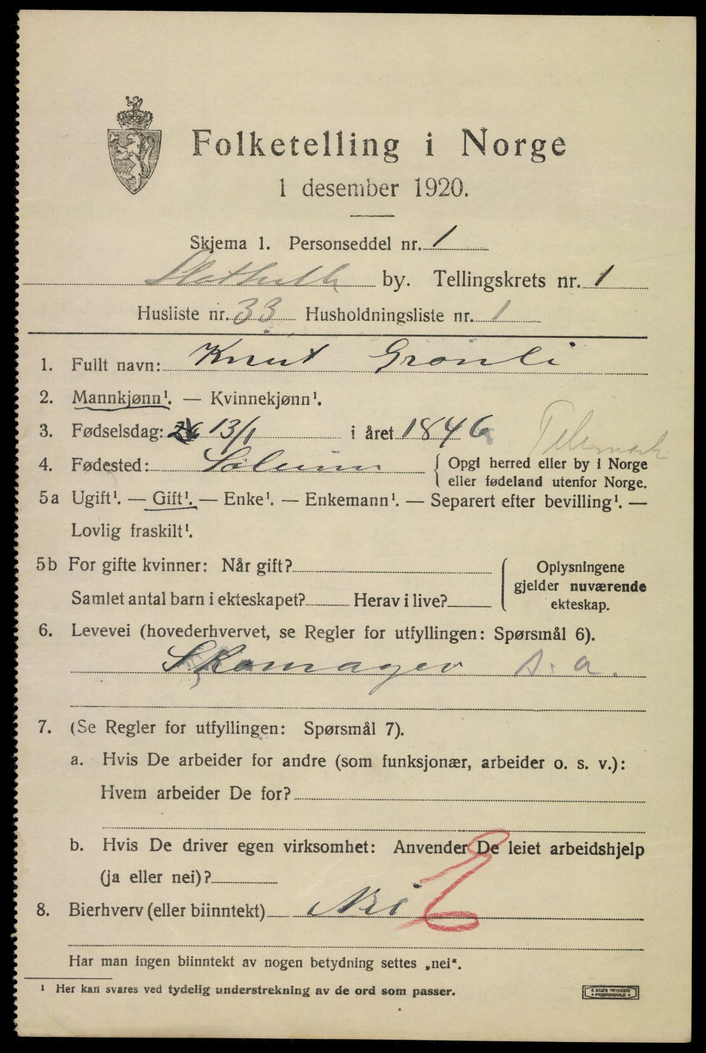 SAKO, 1920 census for Stathelle, 1920, p. 827