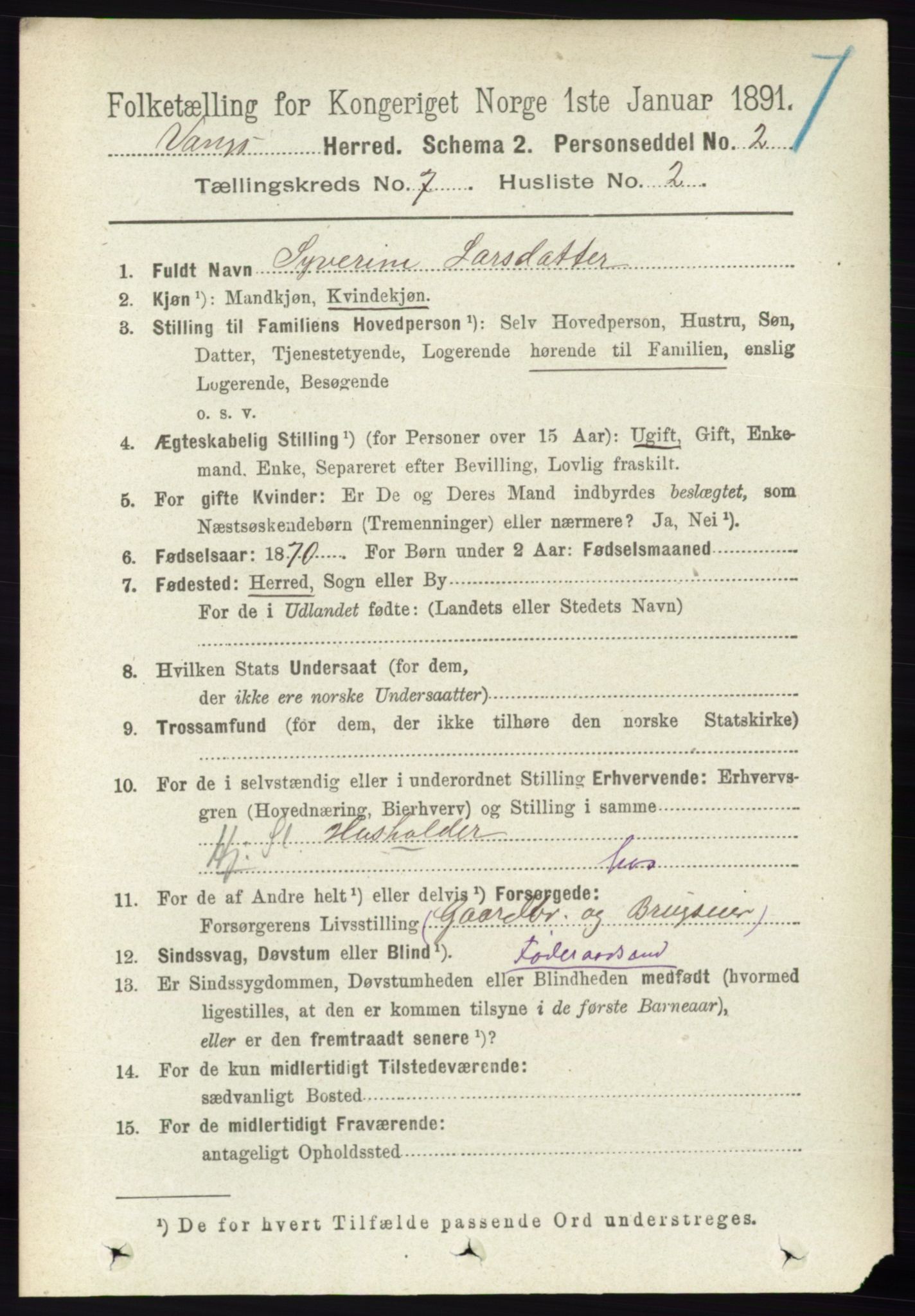 RA, 1891 census for 0414 Vang, 1891, p. 5038