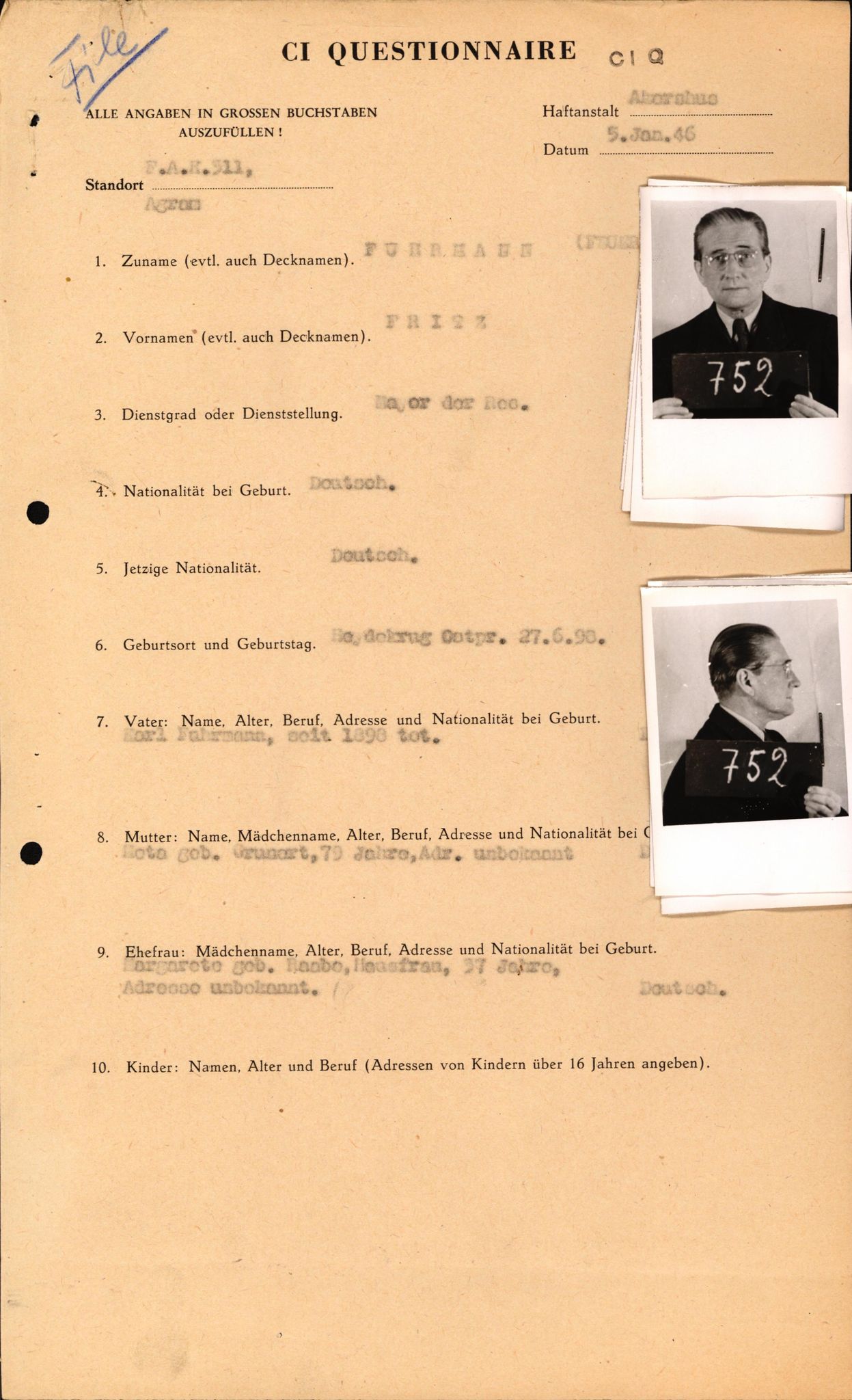 Forsvaret, Forsvarets overkommando II, AV/RA-RAFA-3915/D/Db/L0008: CI Questionaires. Tyske okkupasjonsstyrker i Norge. Tyskere., 1945-1946, p. 430