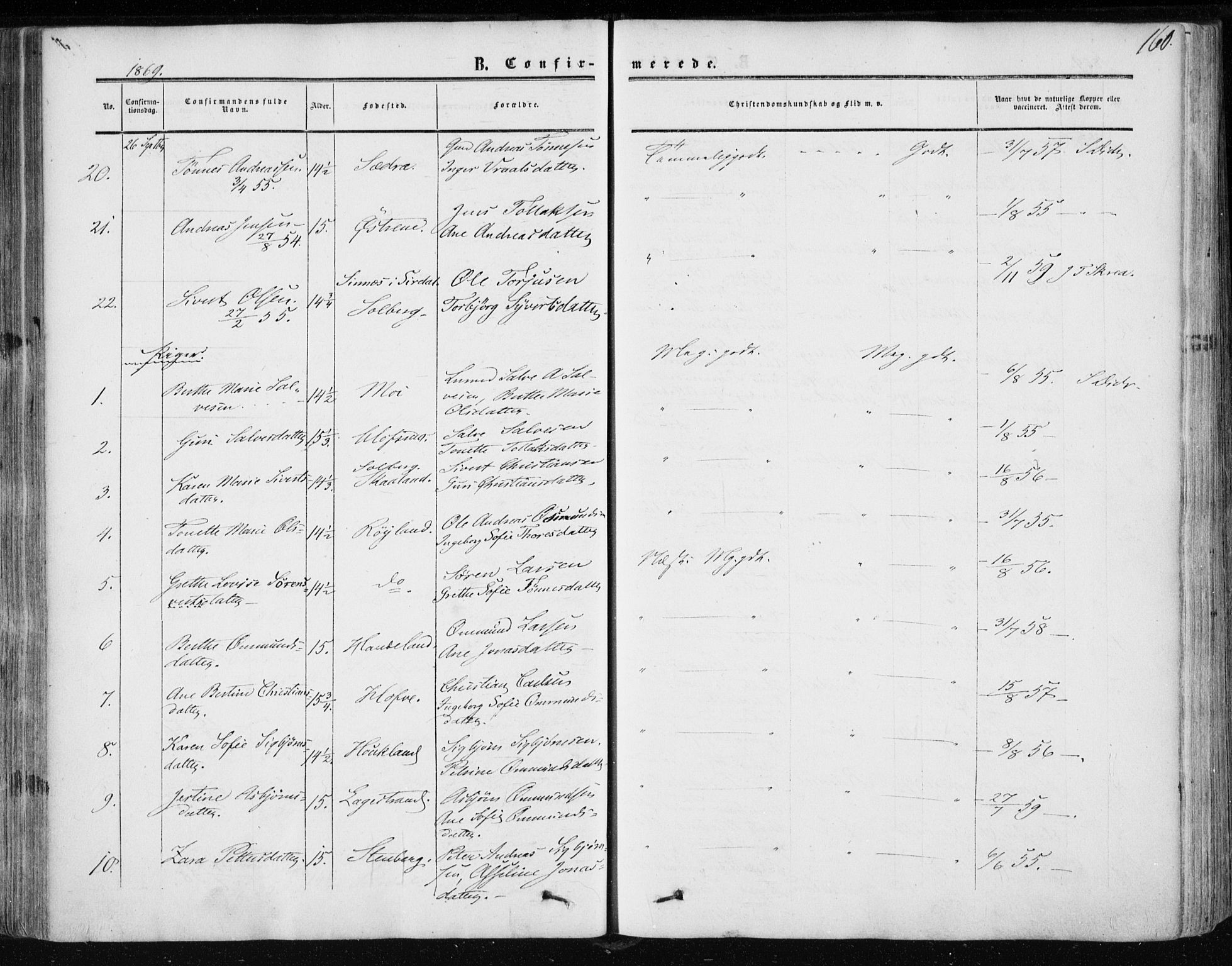 Lund sokneprestkontor, AV/SAST-A-101809/S06/L0009: Parish register (official) no. A 8, 1853-1877, p. 160