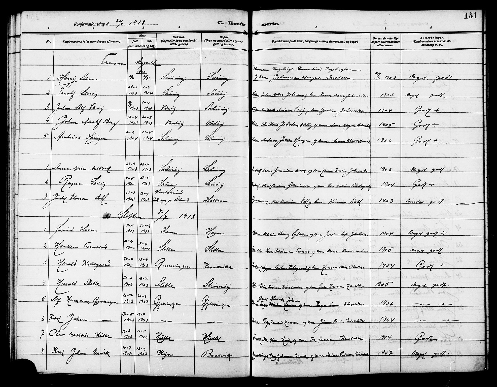Ministerialprotokoller, klokkerbøker og fødselsregistre - Sør-Trøndelag, SAT/A-1456/640/L0588: Parish register (copy) no. 640C05, 1909-1922, p. 151