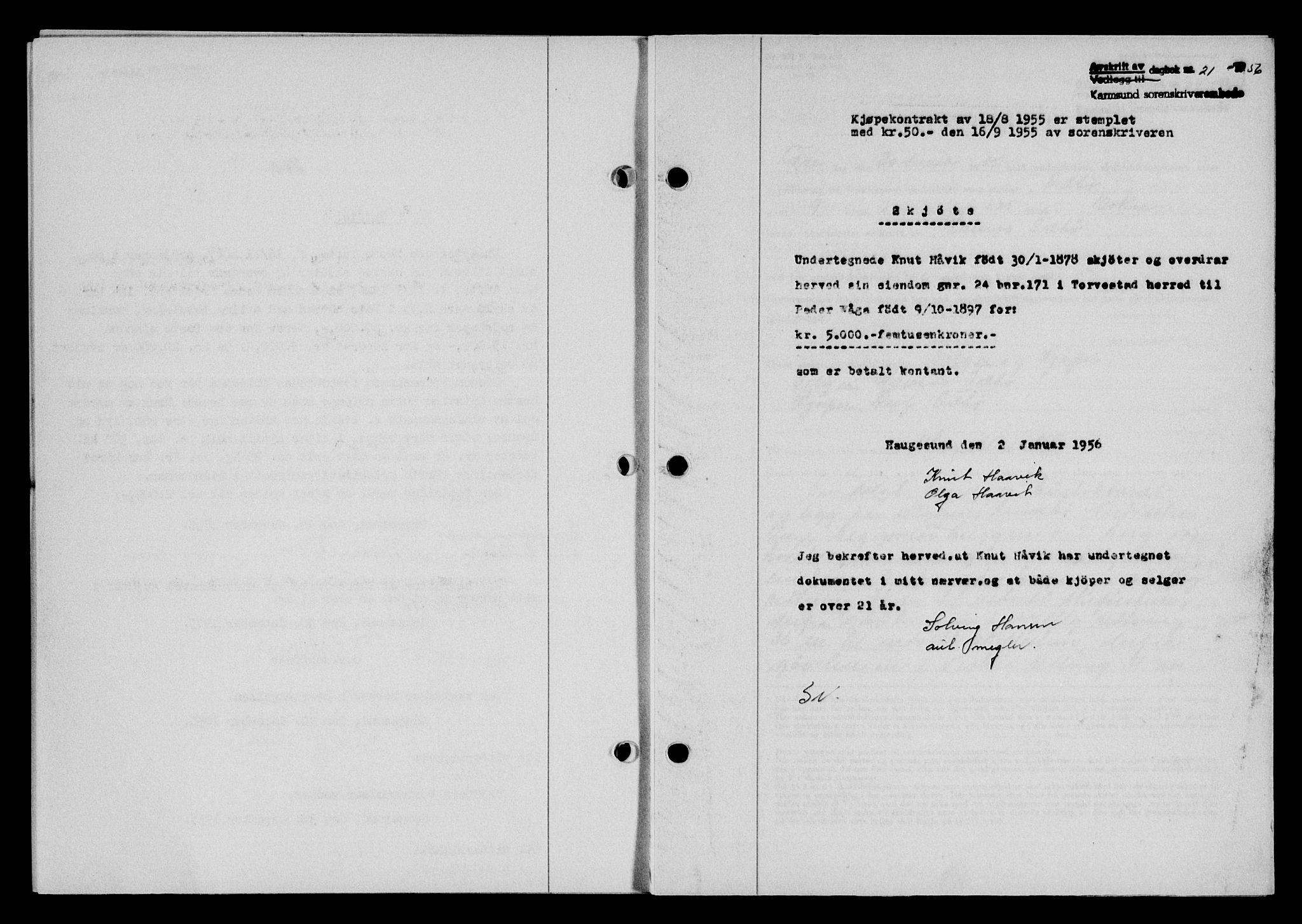 Karmsund sorenskriveri, SAST/A-100311/01/II/IIB/L0118: Mortgage book no. 98A, 1955-1956, Diary no: : 21/1956