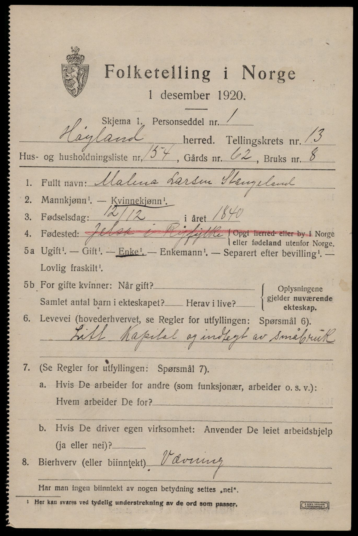 SAST, 1920 census for Høyland, 1920, p. 12982