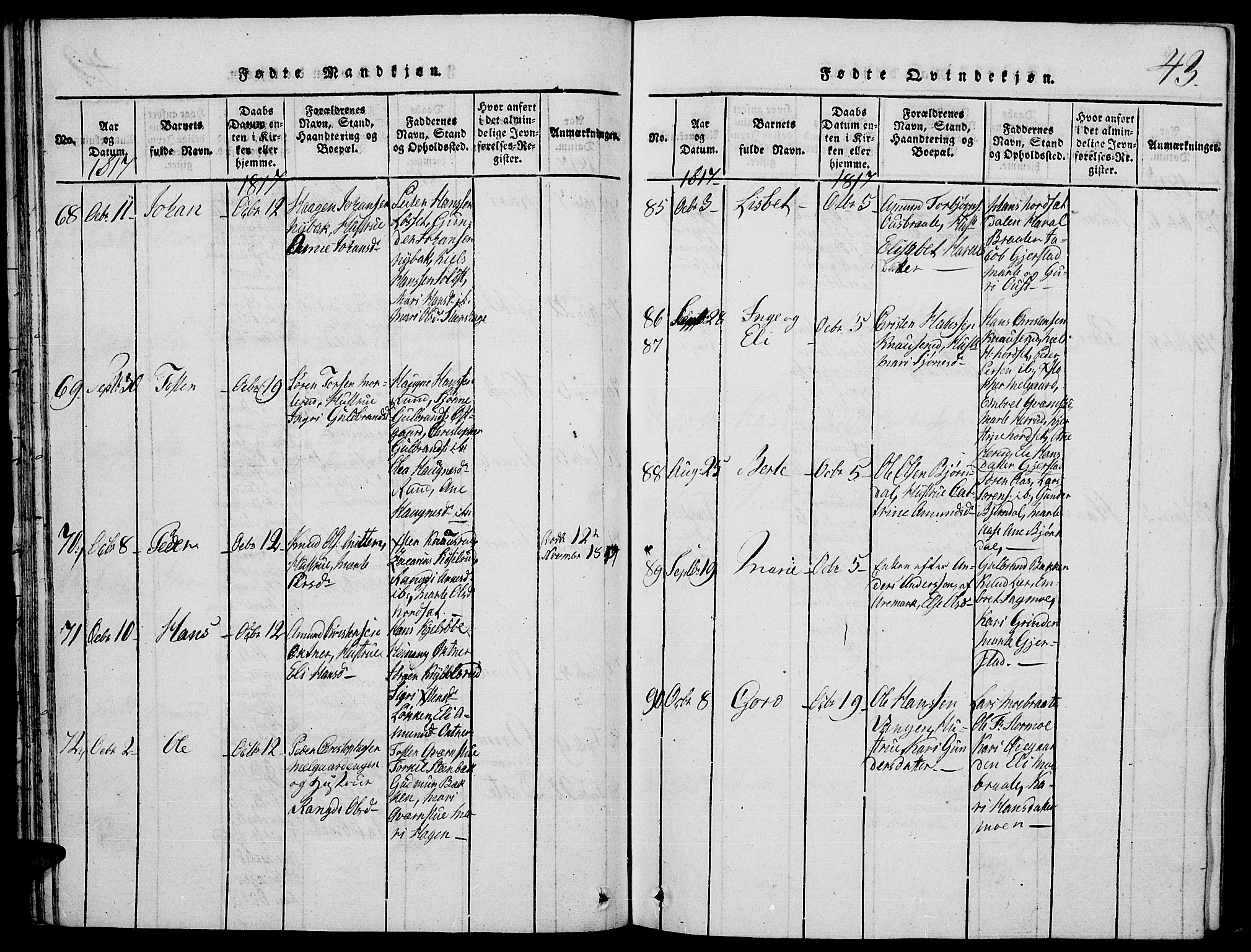 Strøm-Odalen prestekontor, AV/SAH-PREST-028/H/Ha/Hab/L0001: Parish register (copy) no. 1, 1813-1825, p. 43