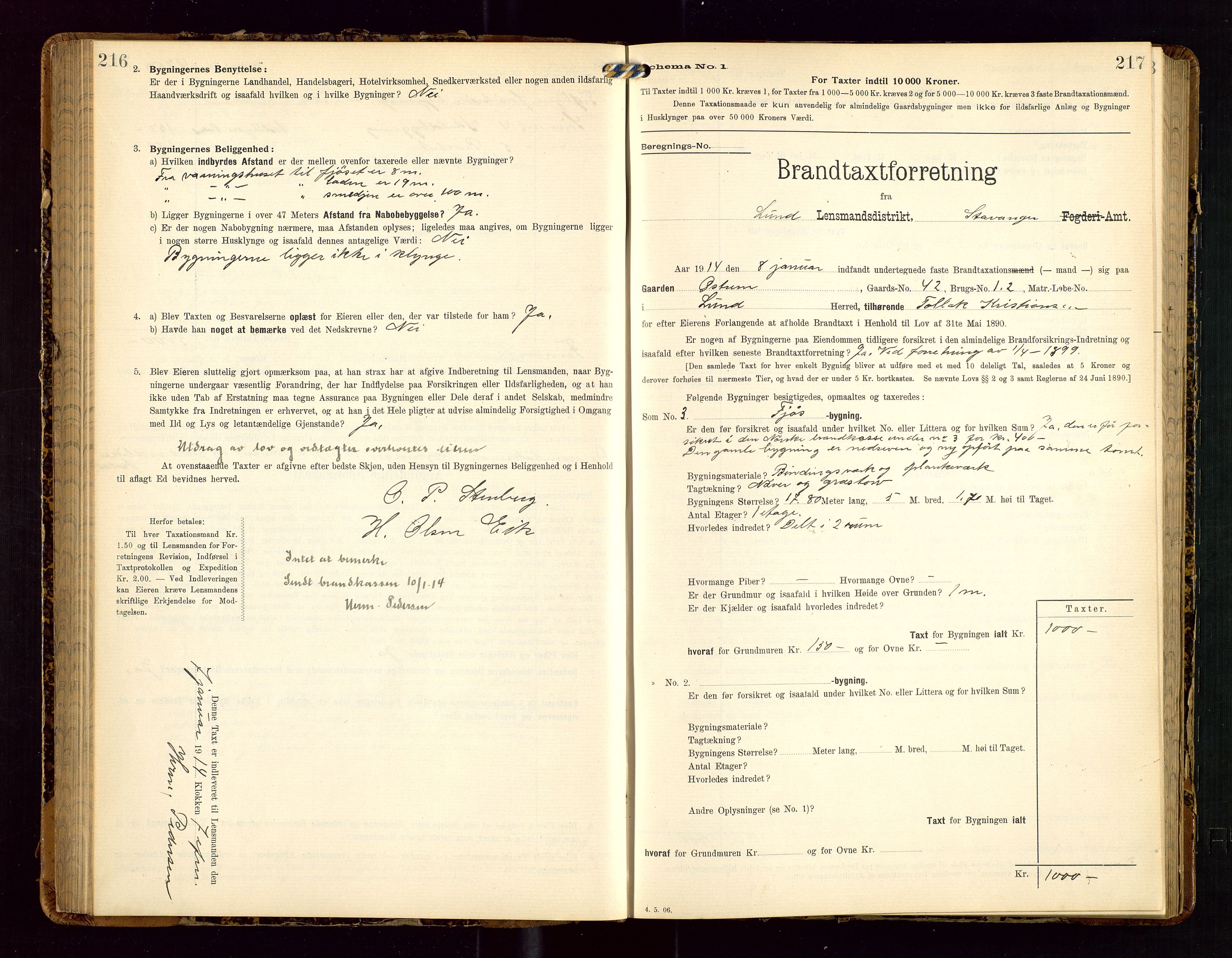 Lund lensmannskontor, AV/SAST-A-100303/Gob/L0002: "Brandtakstprotokol", 1908-1918, p. 216-217