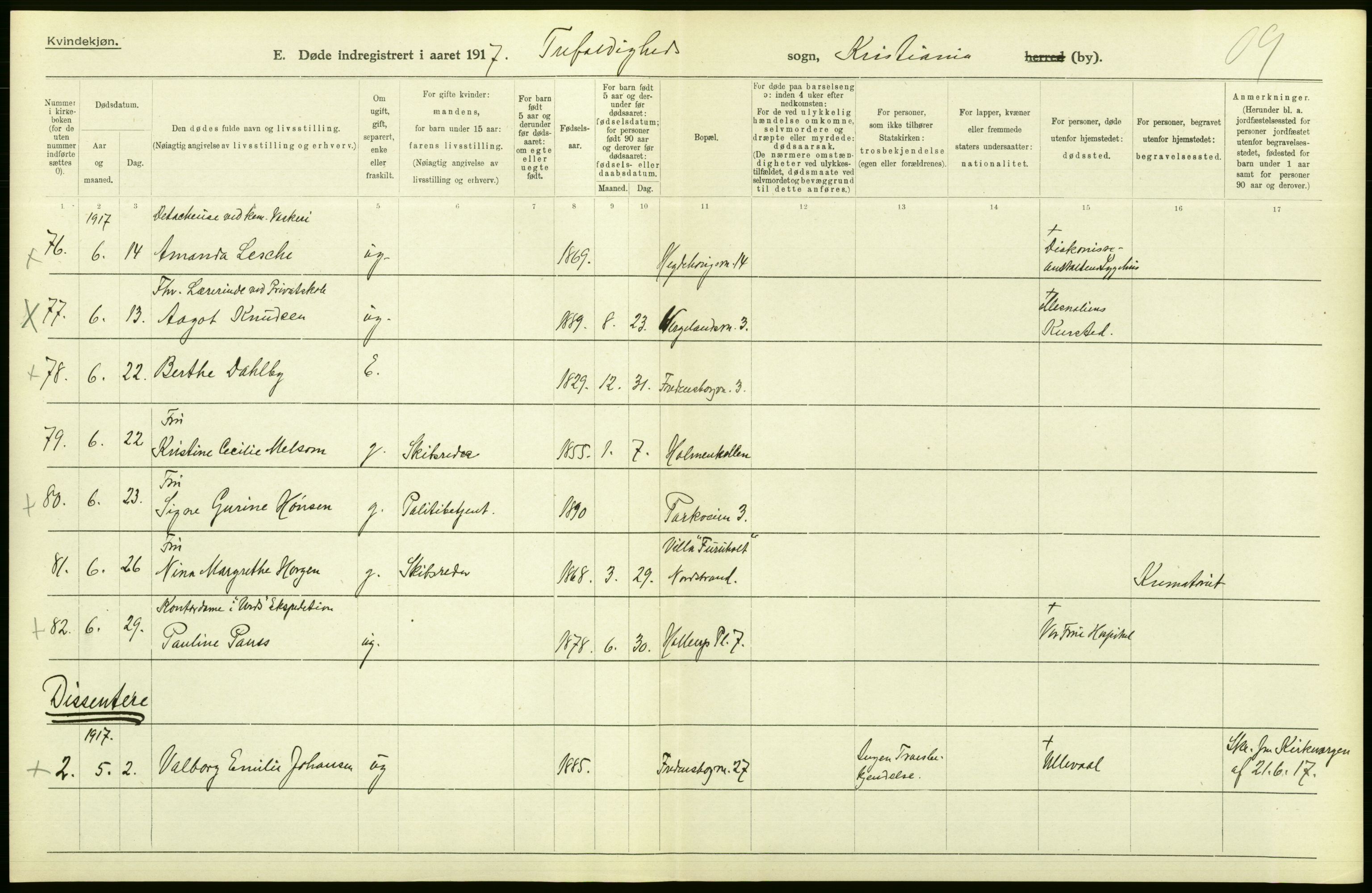 Statistisk sentralbyrå, Sosiodemografiske emner, Befolkning, AV/RA-S-2228/D/Df/Dfb/Dfbg/L0010: Kristiania: Døde, 1917, p. 42