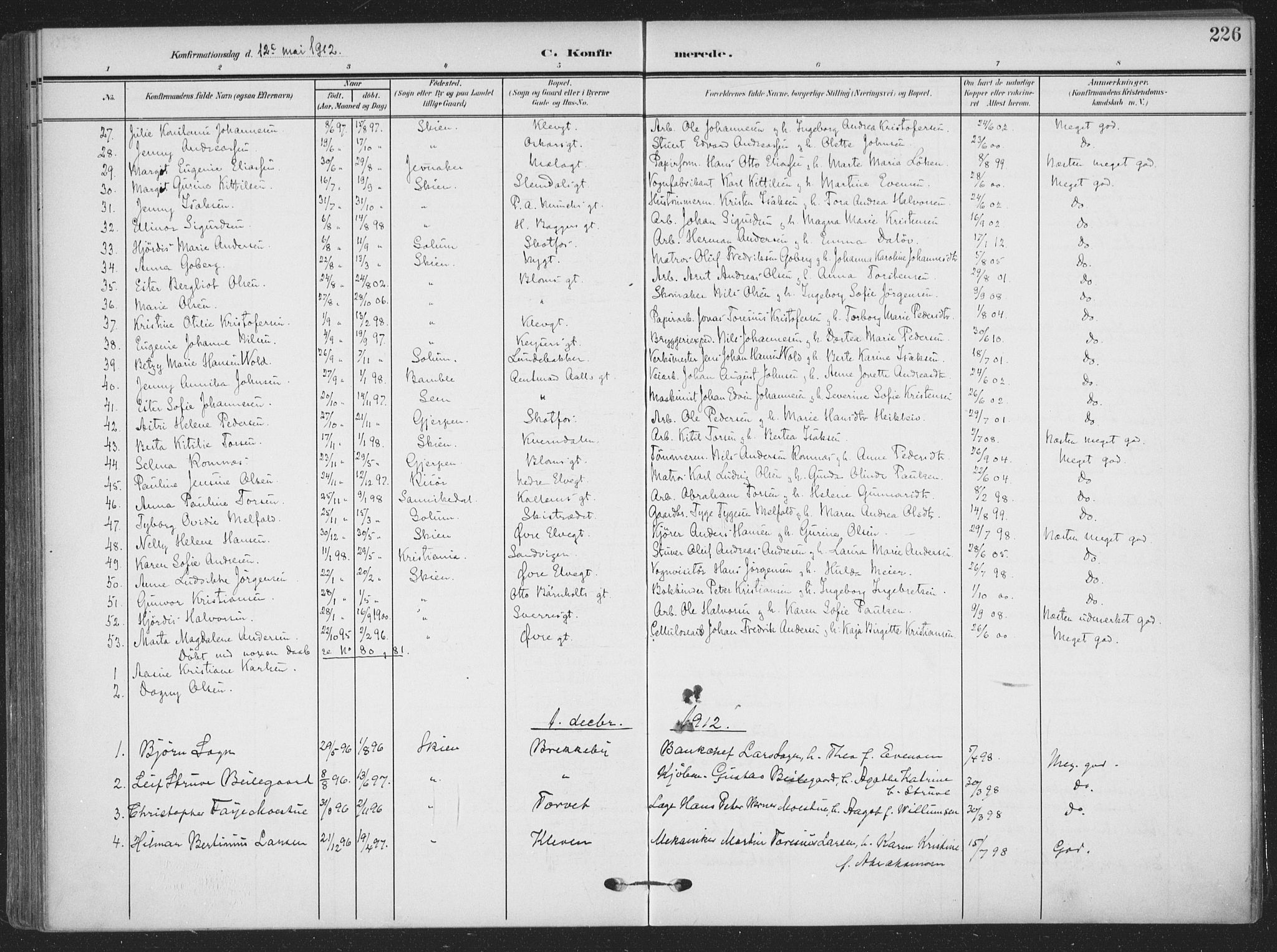 Skien kirkebøker, AV/SAKO-A-302/F/Fa/L0012: Parish register (official) no. 12, 1908-1914, p. 226