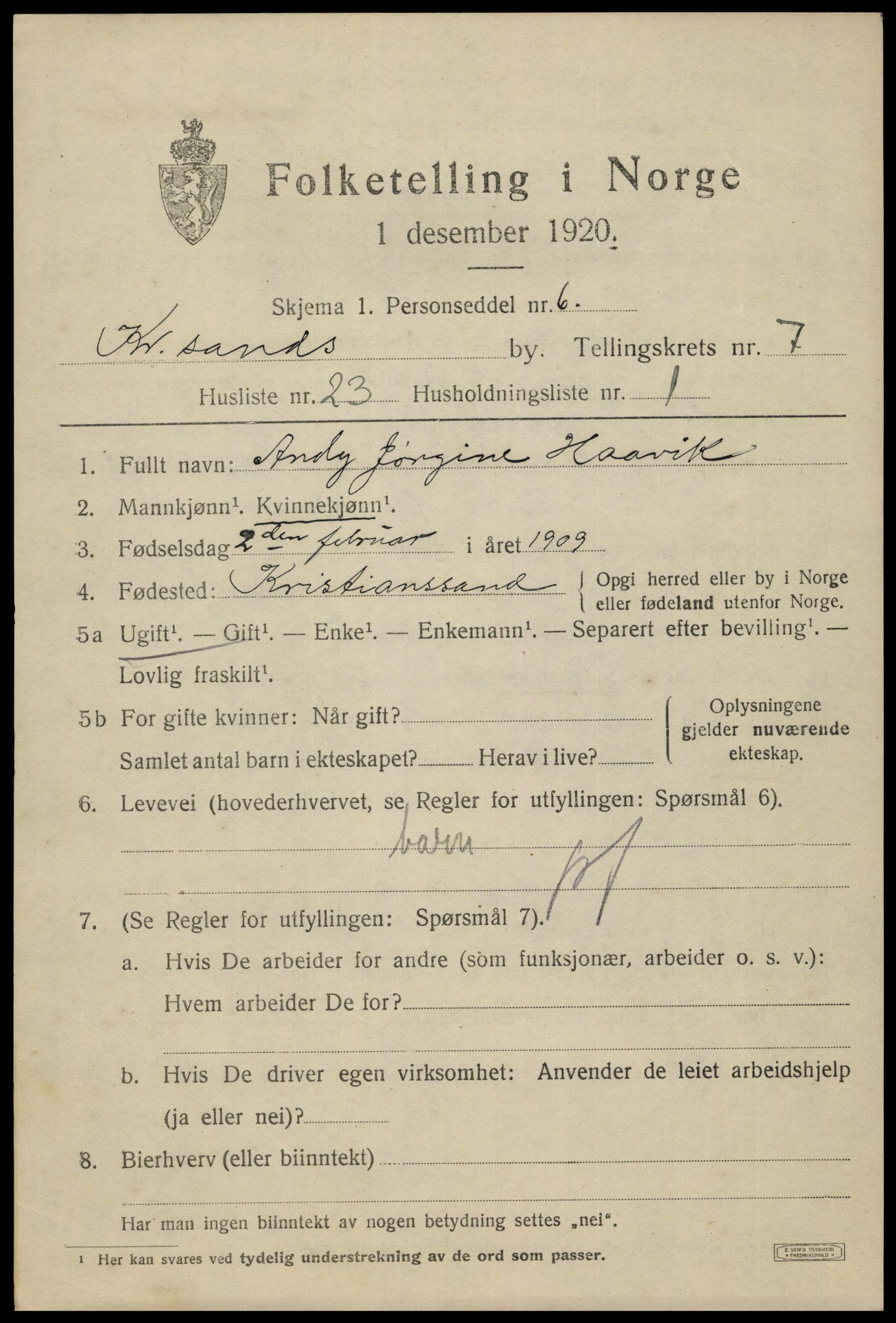 SAK, 1920 census for Kristiansand, 1920, p. 20465
