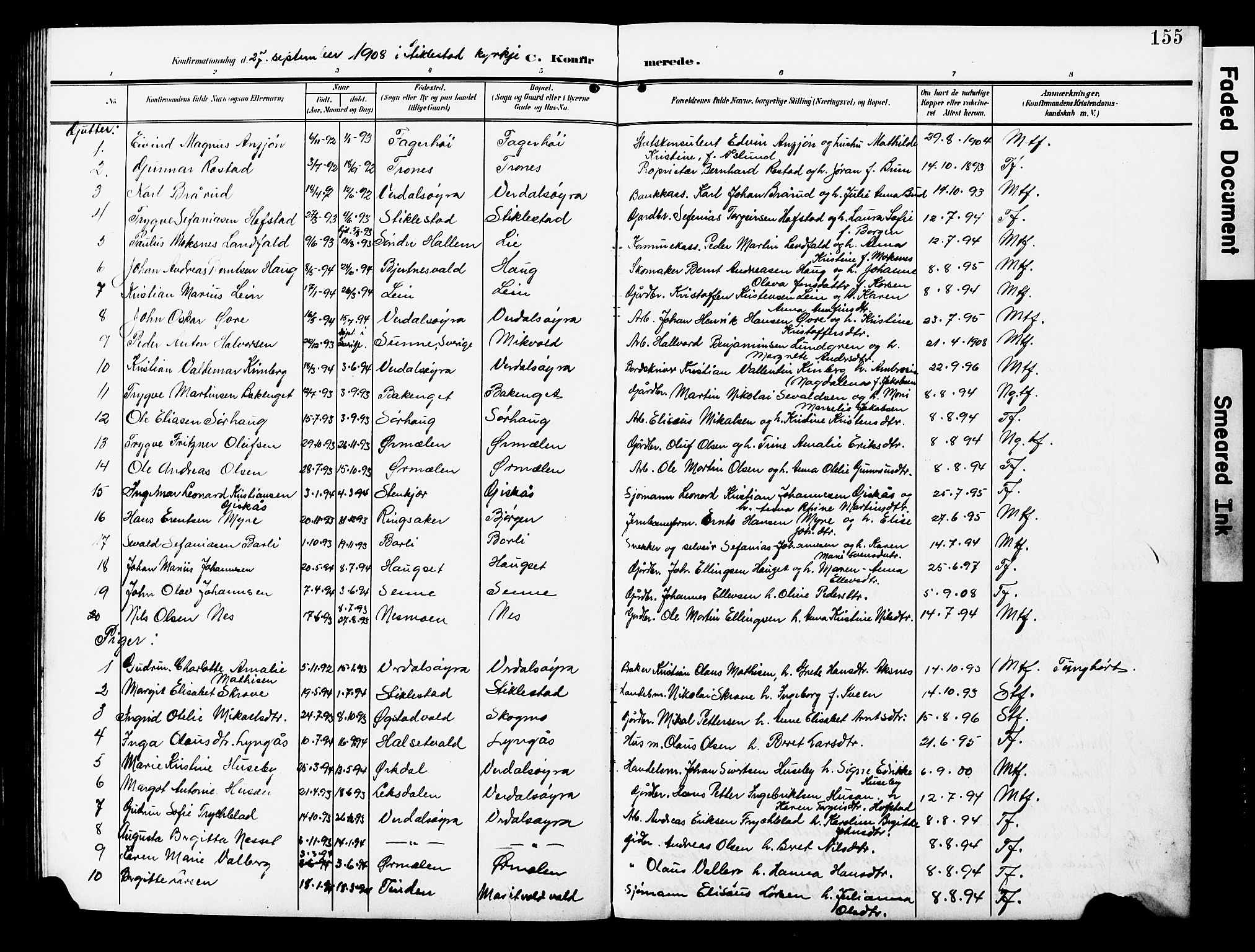Ministerialprotokoller, klokkerbøker og fødselsregistre - Nord-Trøndelag, AV/SAT-A-1458/723/L0258: Parish register (copy) no. 723C06, 1908-1927, p. 155