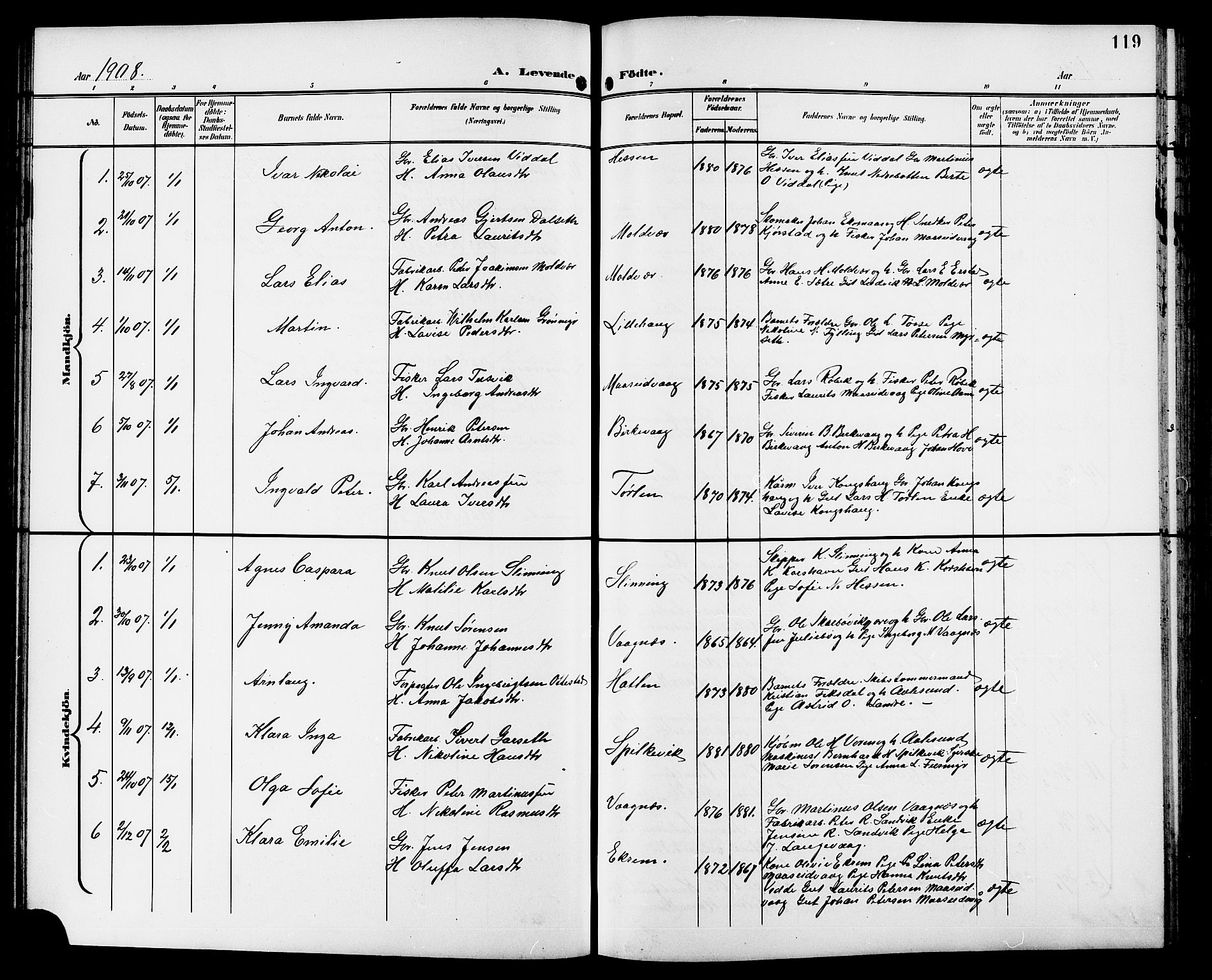Ministerialprotokoller, klokkerbøker og fødselsregistre - Møre og Romsdal, AV/SAT-A-1454/528/L0432: Parish register (copy) no. 528C13, 1898-1918, p. 119
