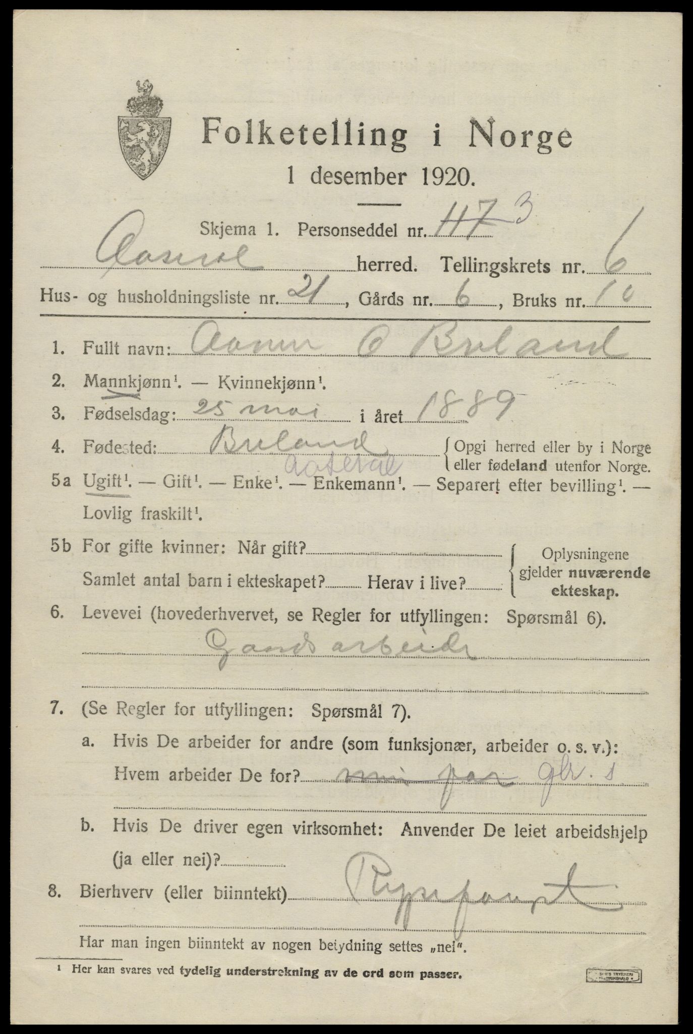 SAK, 1920 census for Åseral, 1920, p. 2030