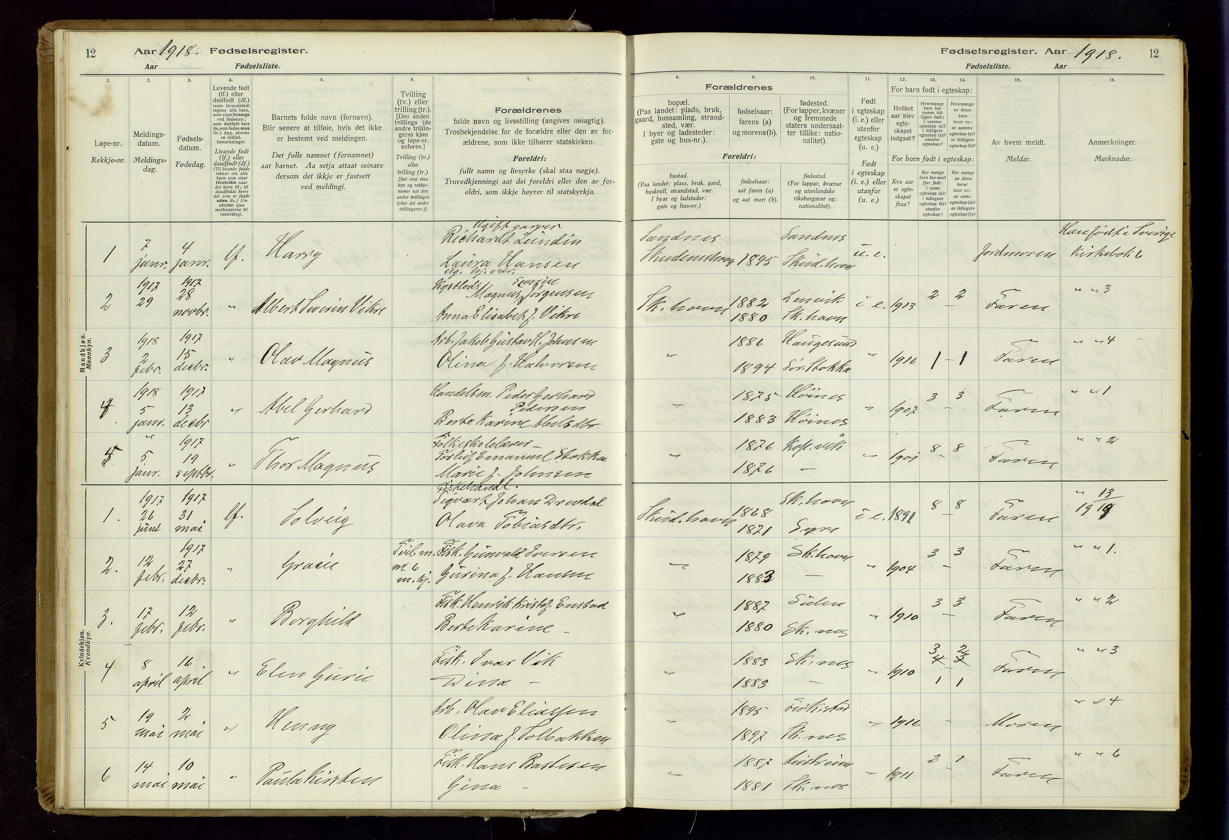 Skudenes sokneprestkontor, SAST/A -101849/I/Id/L0003: Birth register no. 3, 1916-1964, p. 12