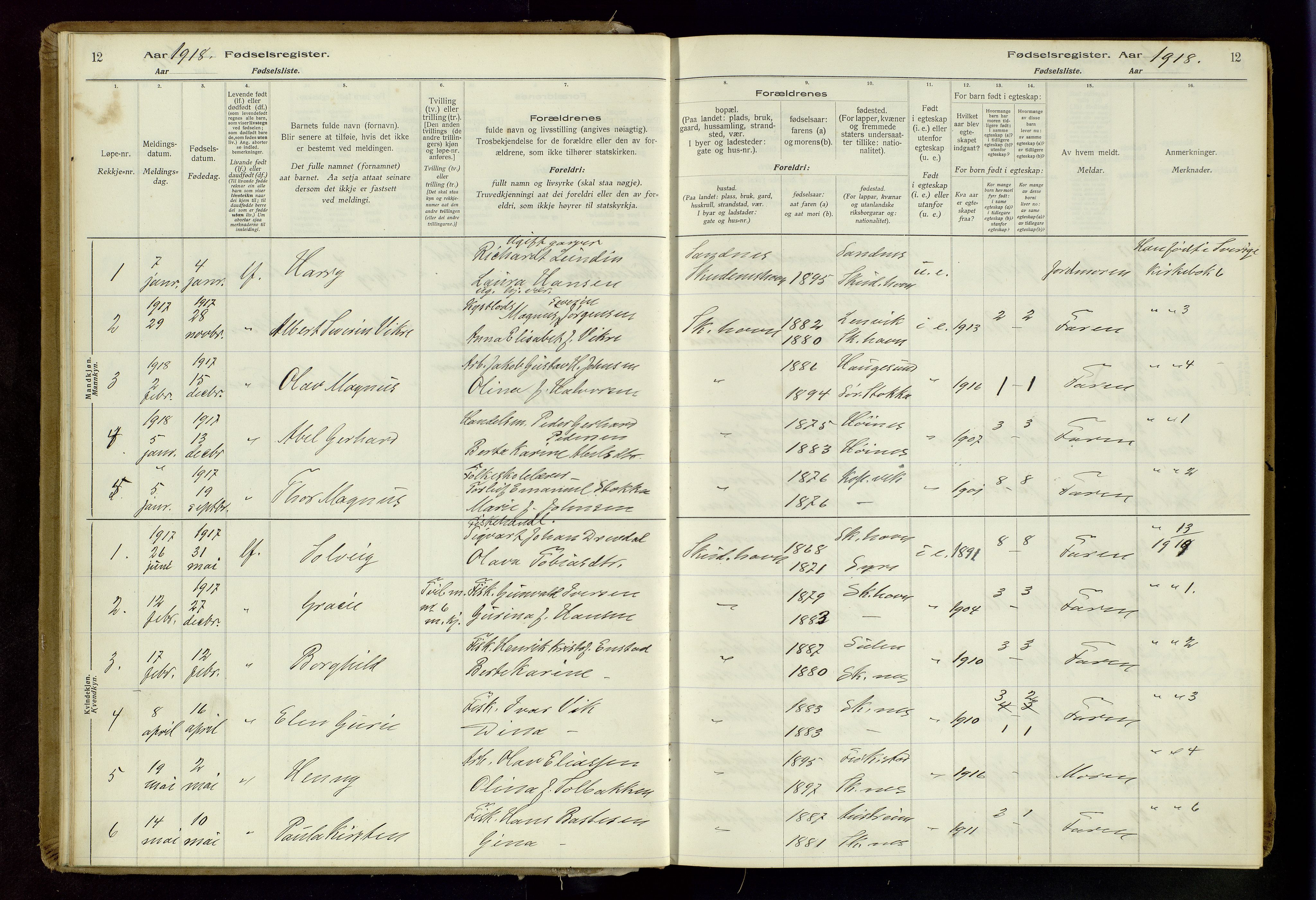 Skudenes sokneprestkontor, AV/SAST-A -101849/I/Id/L0003: Birth register no. 3, 1916-1964, p. 12