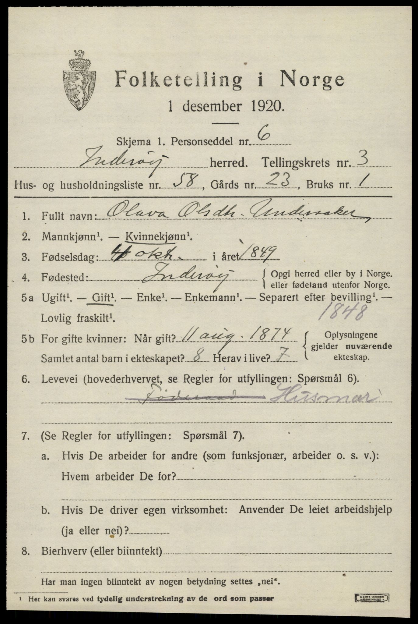 SAT, 1920 census for Inderøy, 1920, p. 3335