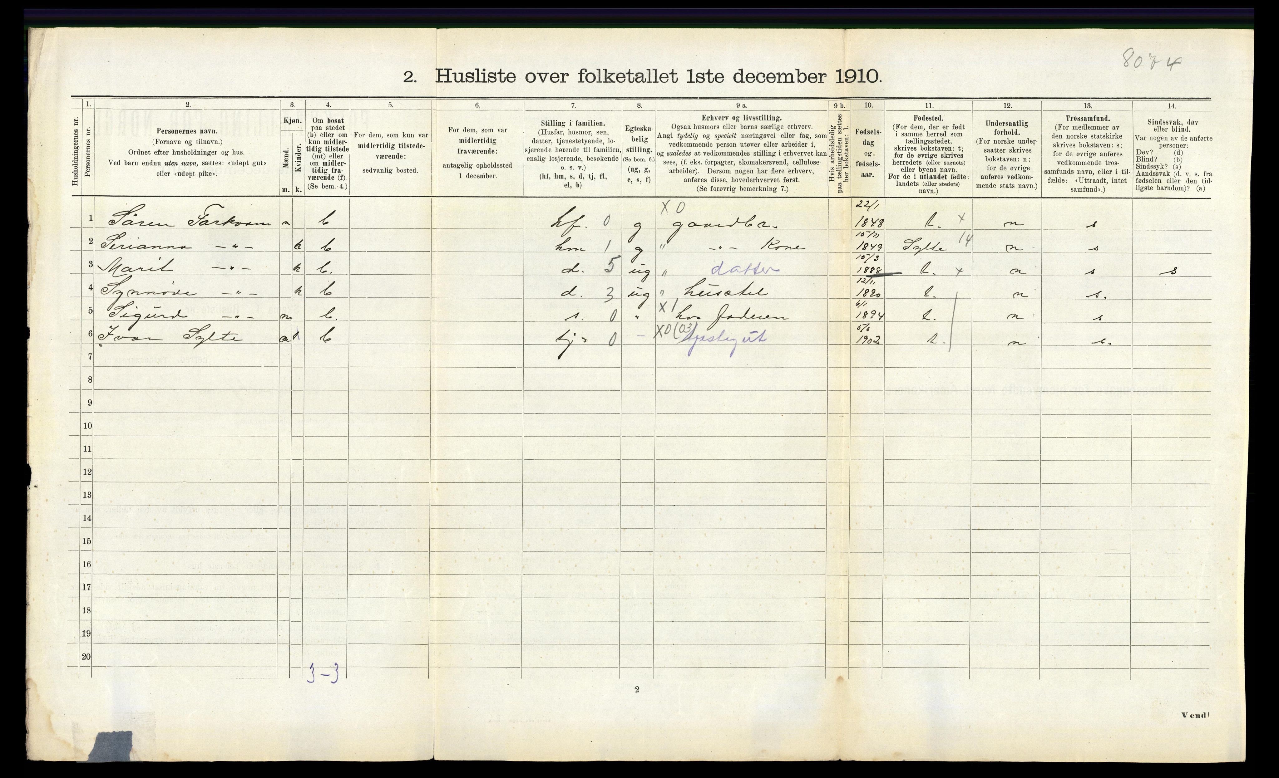 RA, 1910 census for Veøy, 1910, p. 705