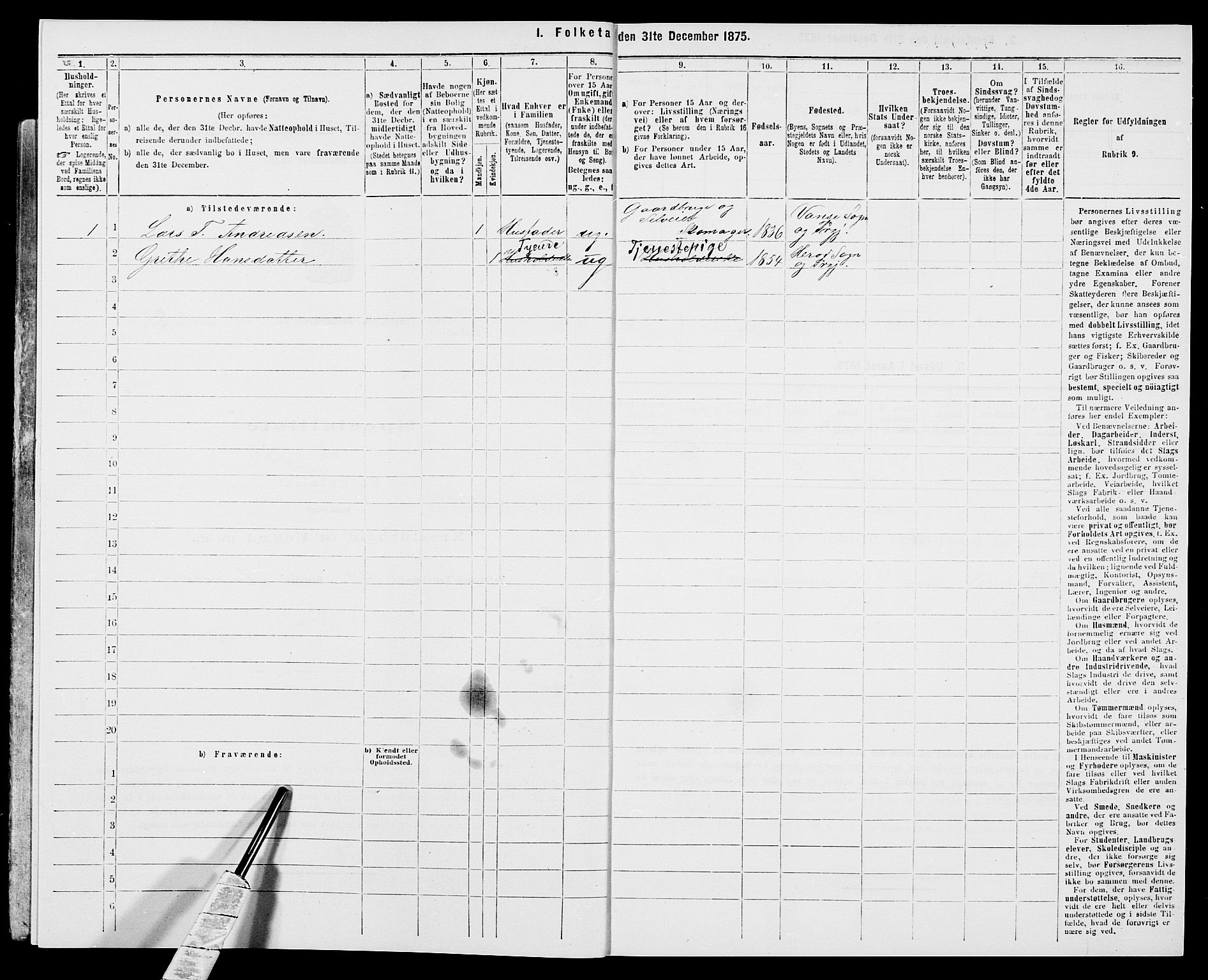 SAK, 1875 census for 1041L Vanse/Vanse og Farsund, 1875, p. 105