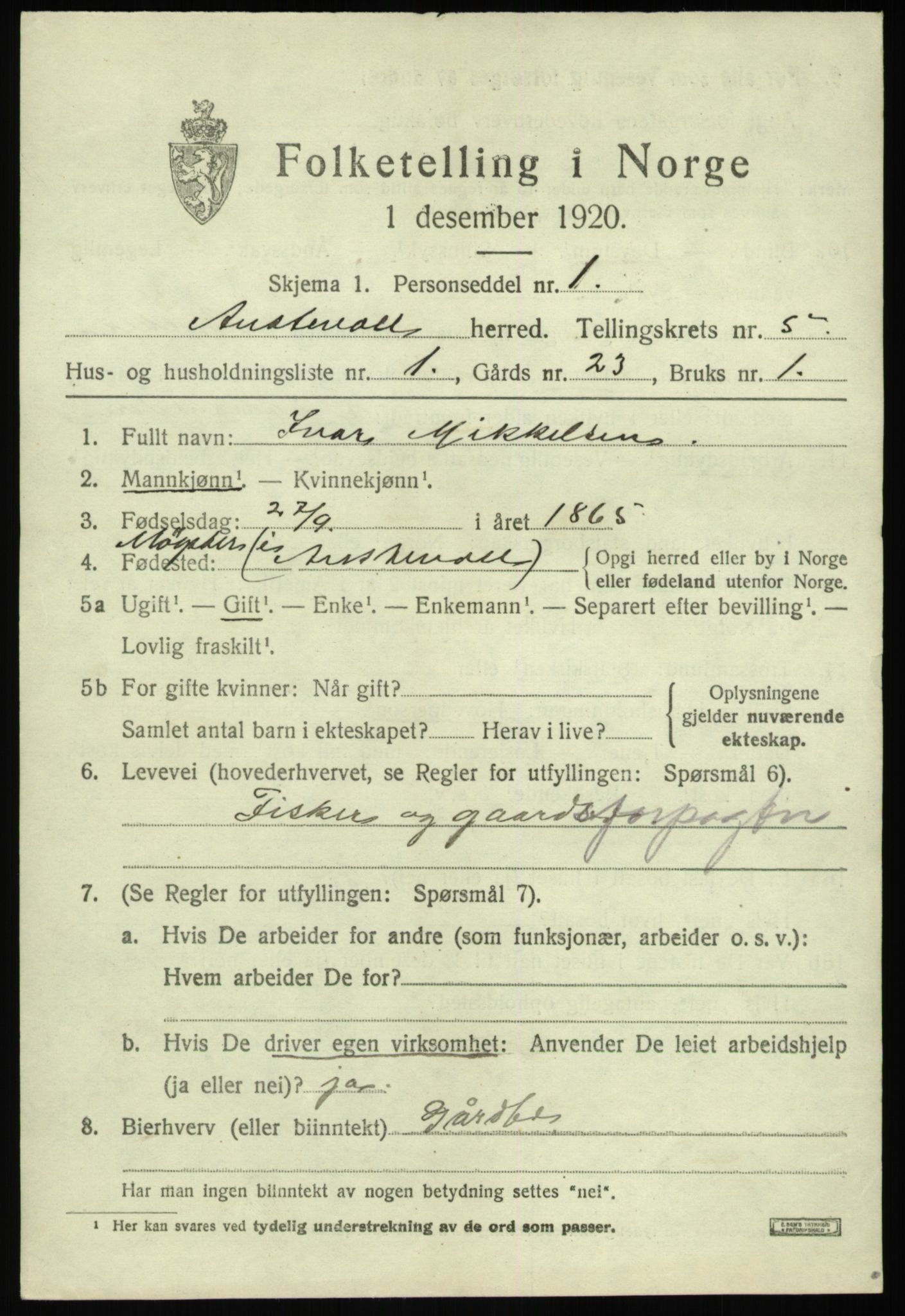 SAB, 1920 census for Austevoll, 1920, p. 2956