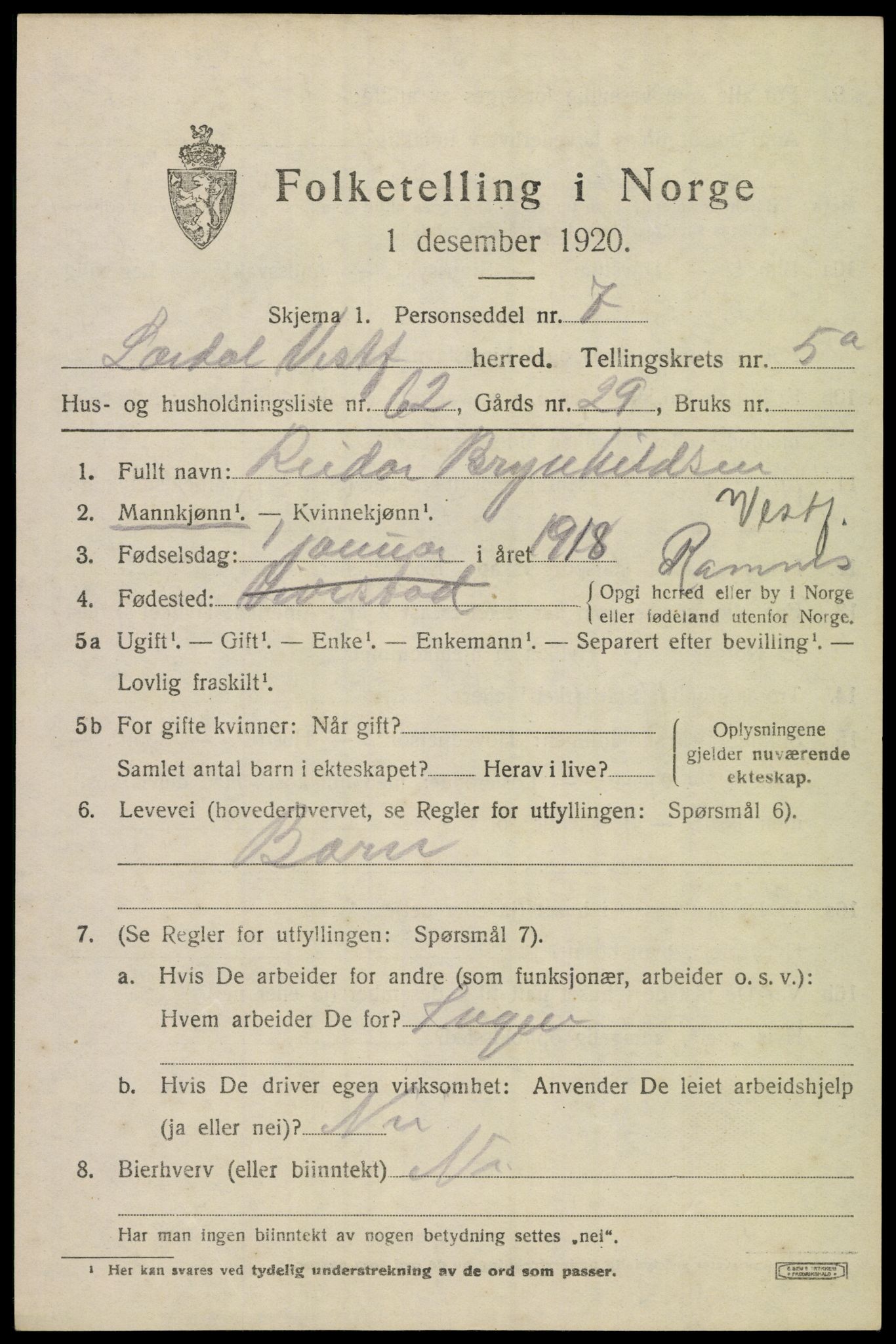 SAKO, 1920 census for Lardal, 1920, p. 5163