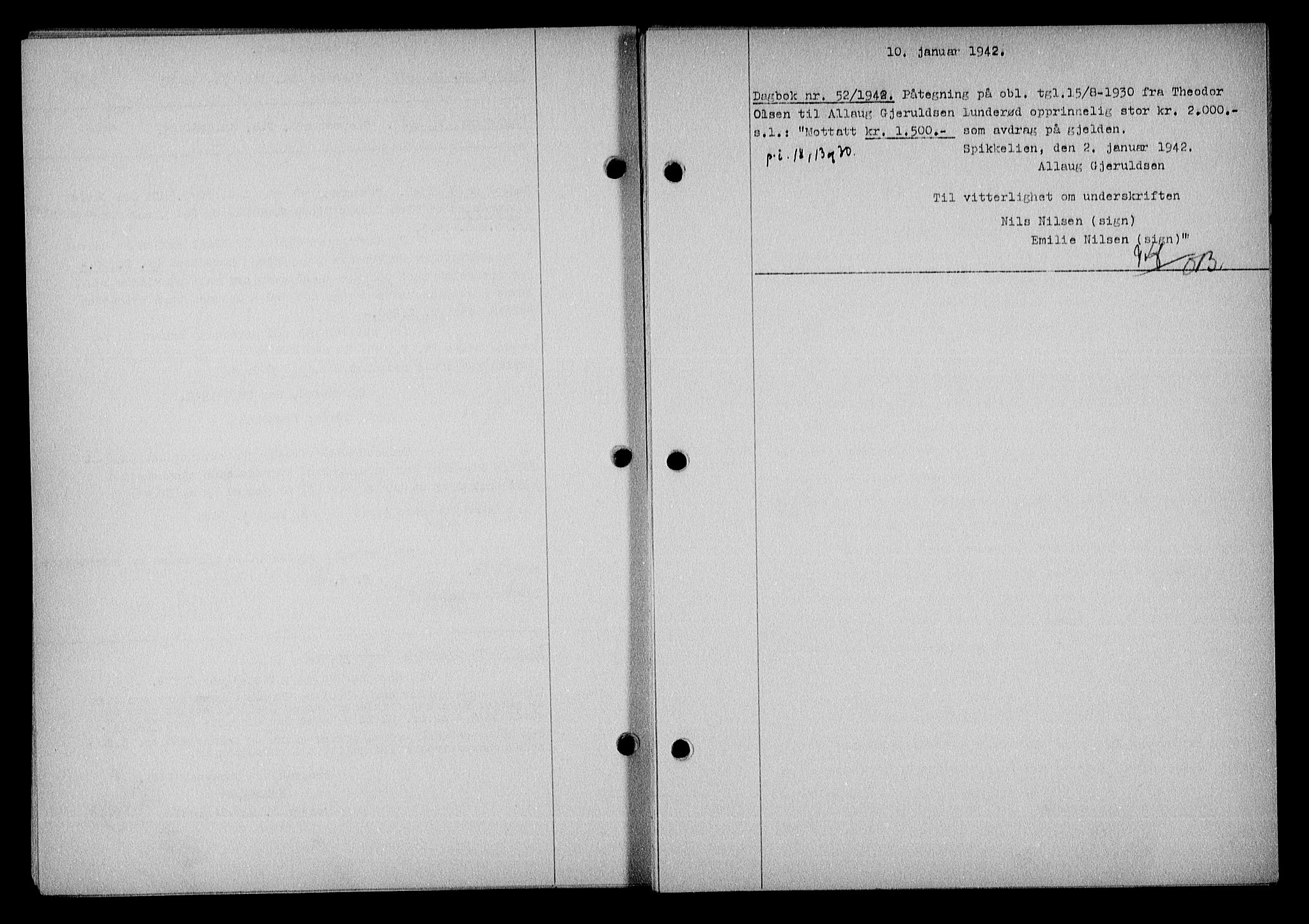 Nedenes sorenskriveri, SAK/1221-0006/G/Gb/Gba/L0049: Mortgage book no. A-III, 1941-1942, Diary no: : 52/1942