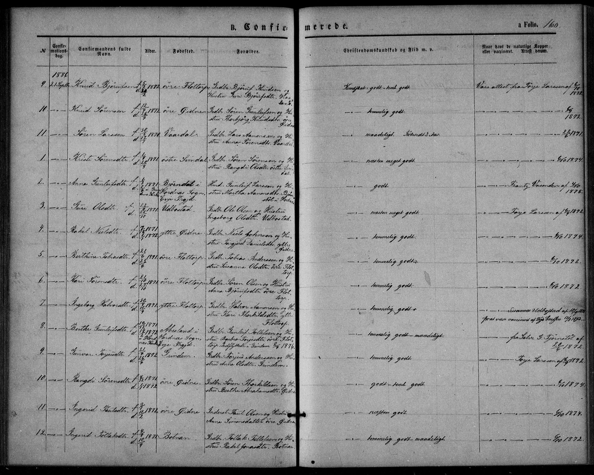 Bjelland sokneprestkontor, SAK/1111-0005/F/Fa/Fac/L0002: Parish register (official) no. A 2, 1866-1887, p. 160