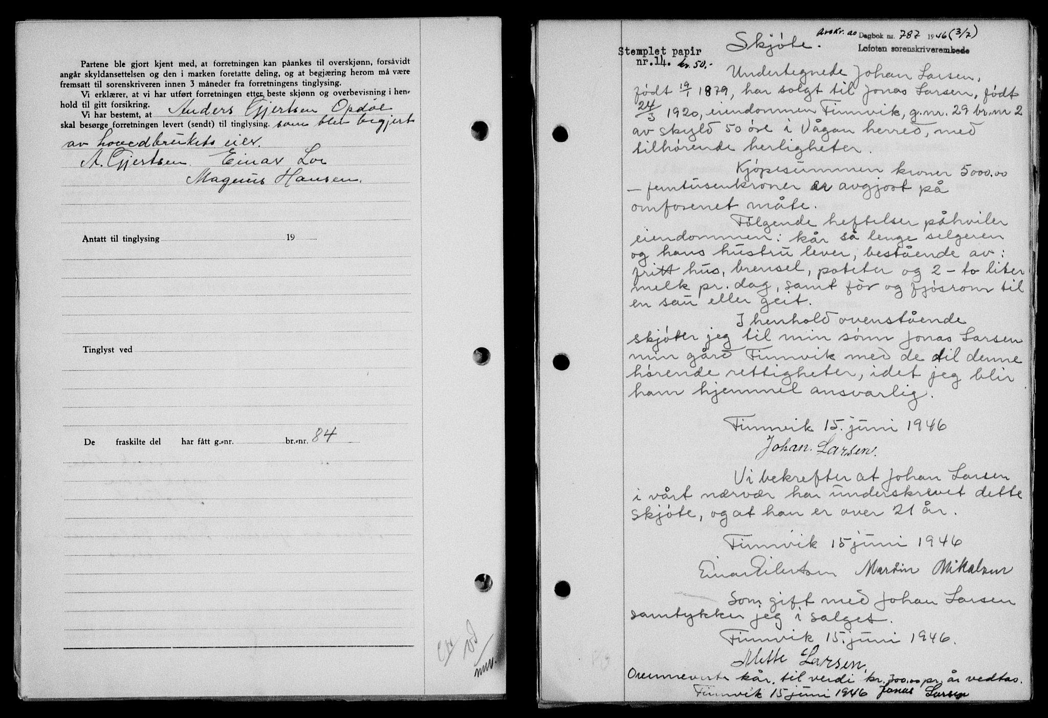 Lofoten sorenskriveri, SAT/A-0017/1/2/2C/L0014a: Mortgage book no. 14a, 1946-1946, Diary no: : 787/1946