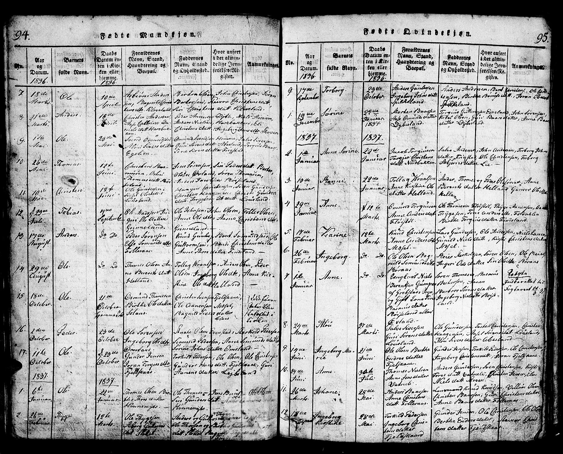Bjelland sokneprestkontor, SAK/1111-0005/F/Fb/Fbb/L0003: Parish register (copy) no. B 3, 1816-1868, p. 94-95