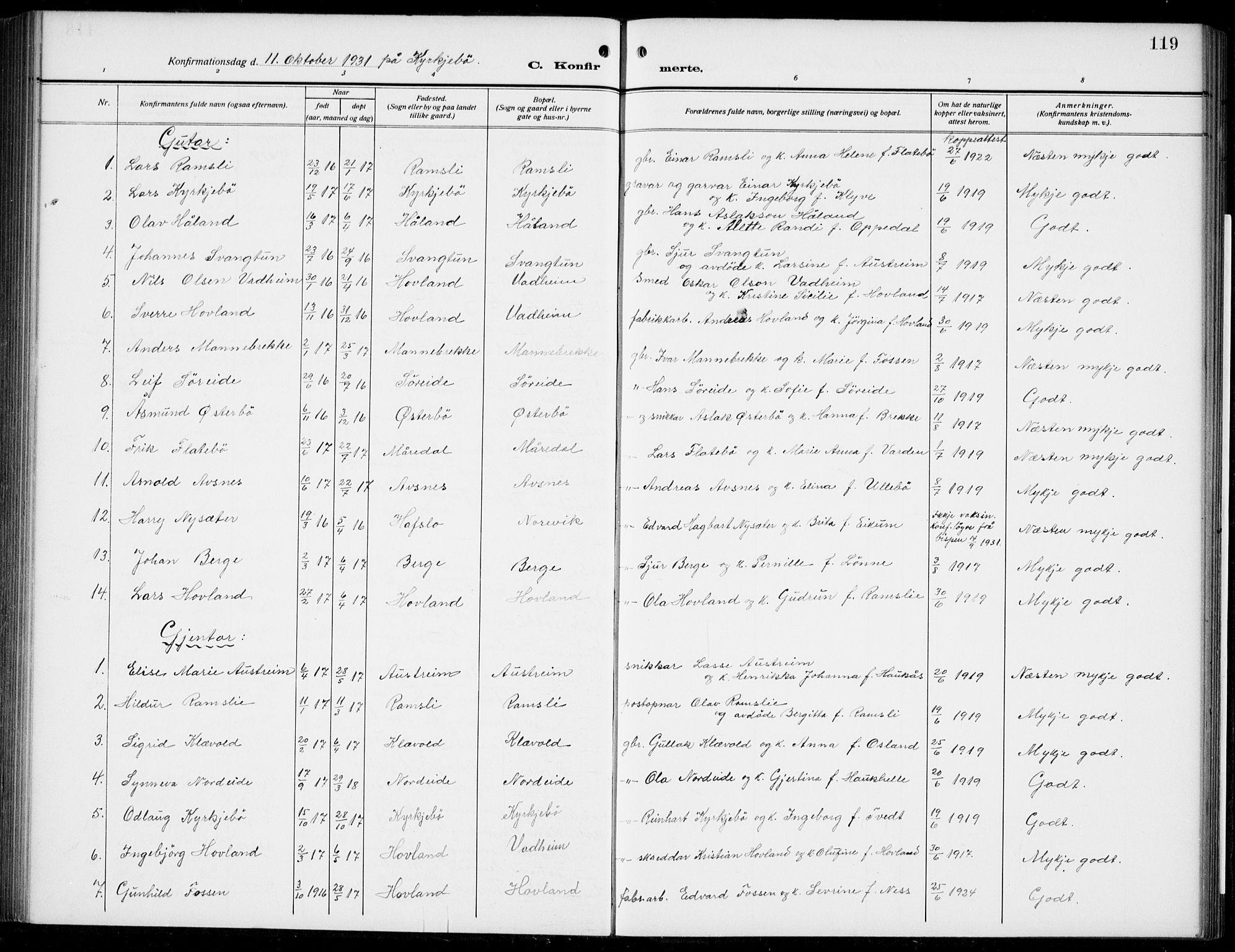 Lavik sokneprestembete, AV/SAB-A-80901: Parish register (copy) no. B 4, 1914-1937, p. 119