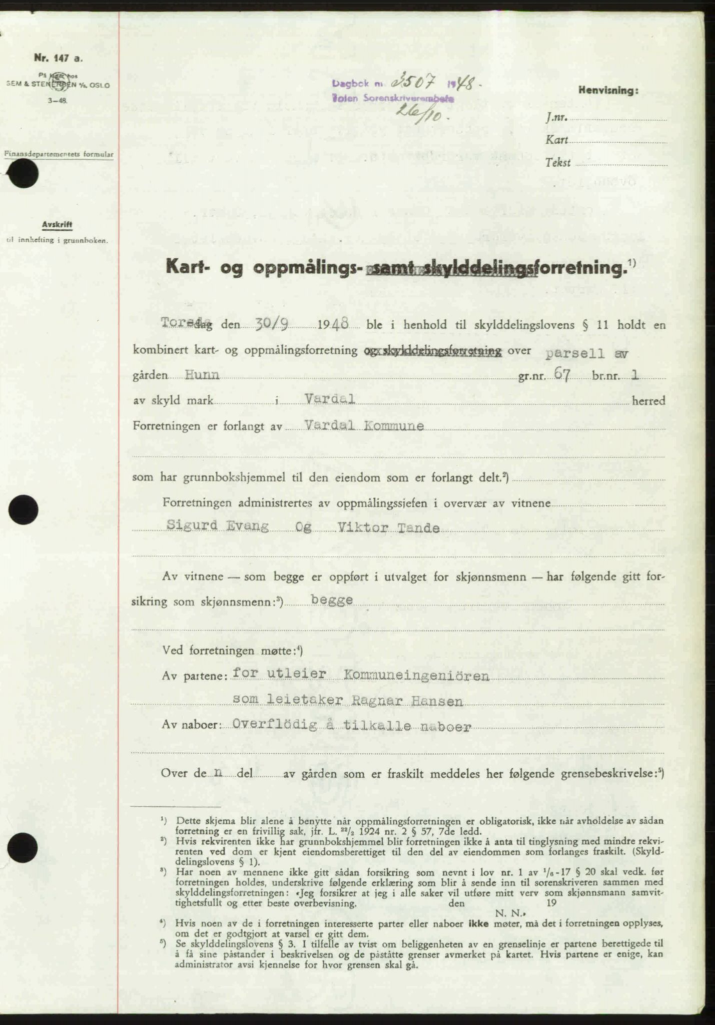 Toten tingrett, SAH/TING-006/H/Hb/Hbc/L0020: Mortgage book no. Hbc-20, 1948-1948, Diary no: : 3507/1948